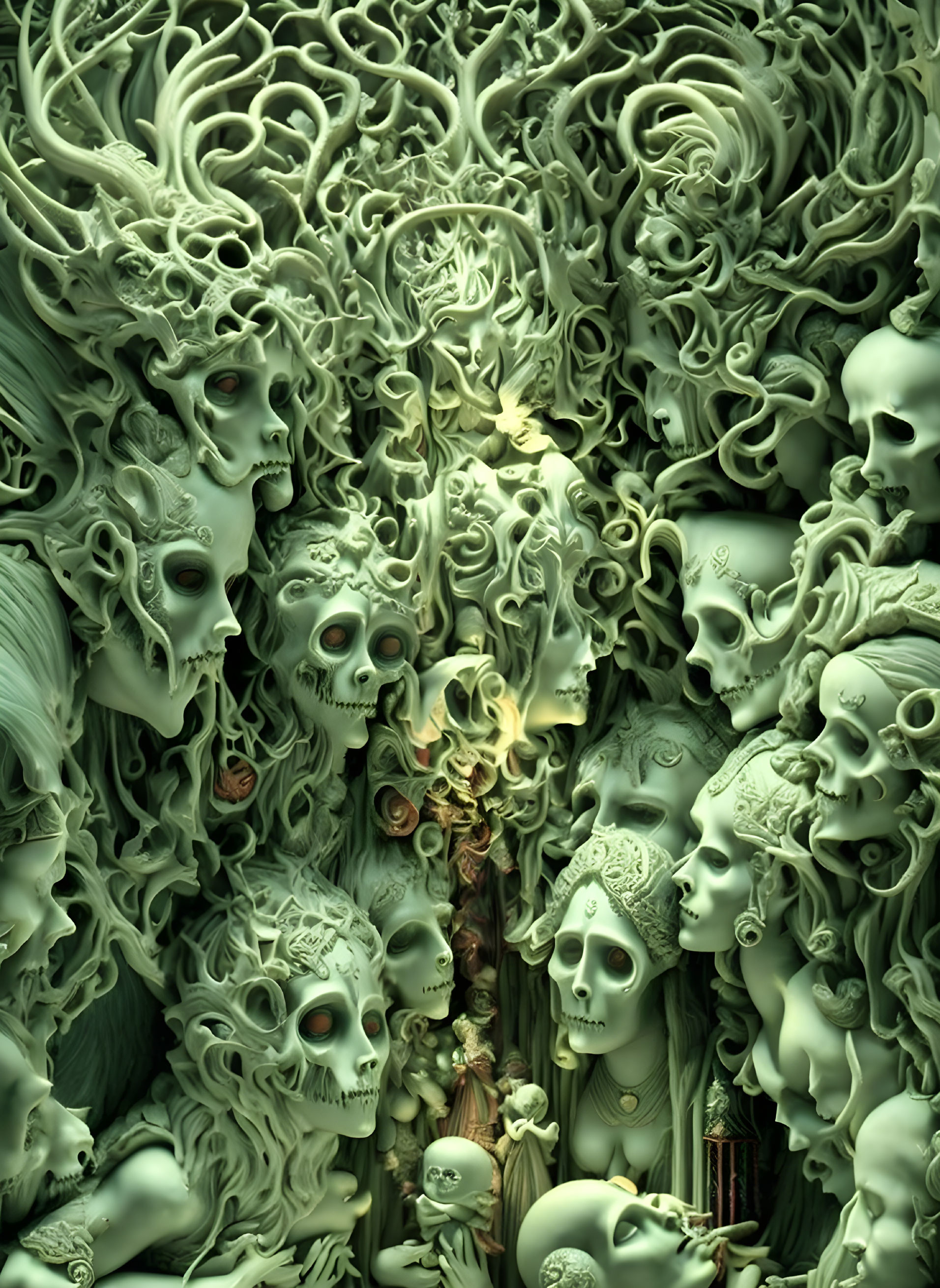 Surreal macabre artwork with skulls and bones intertwined