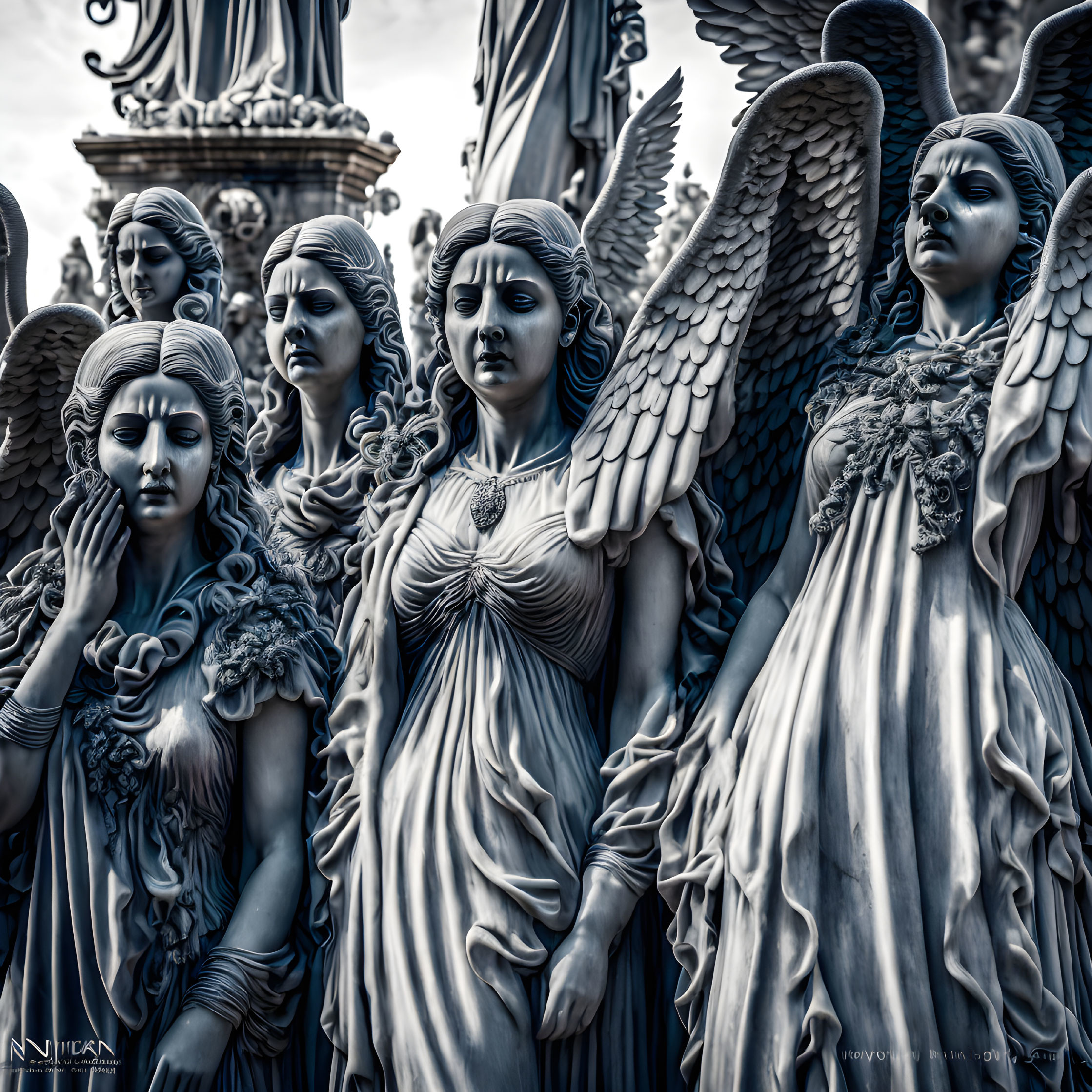 Intricately Carved Angel Statues with Detailed Wings in Blue Monochrome