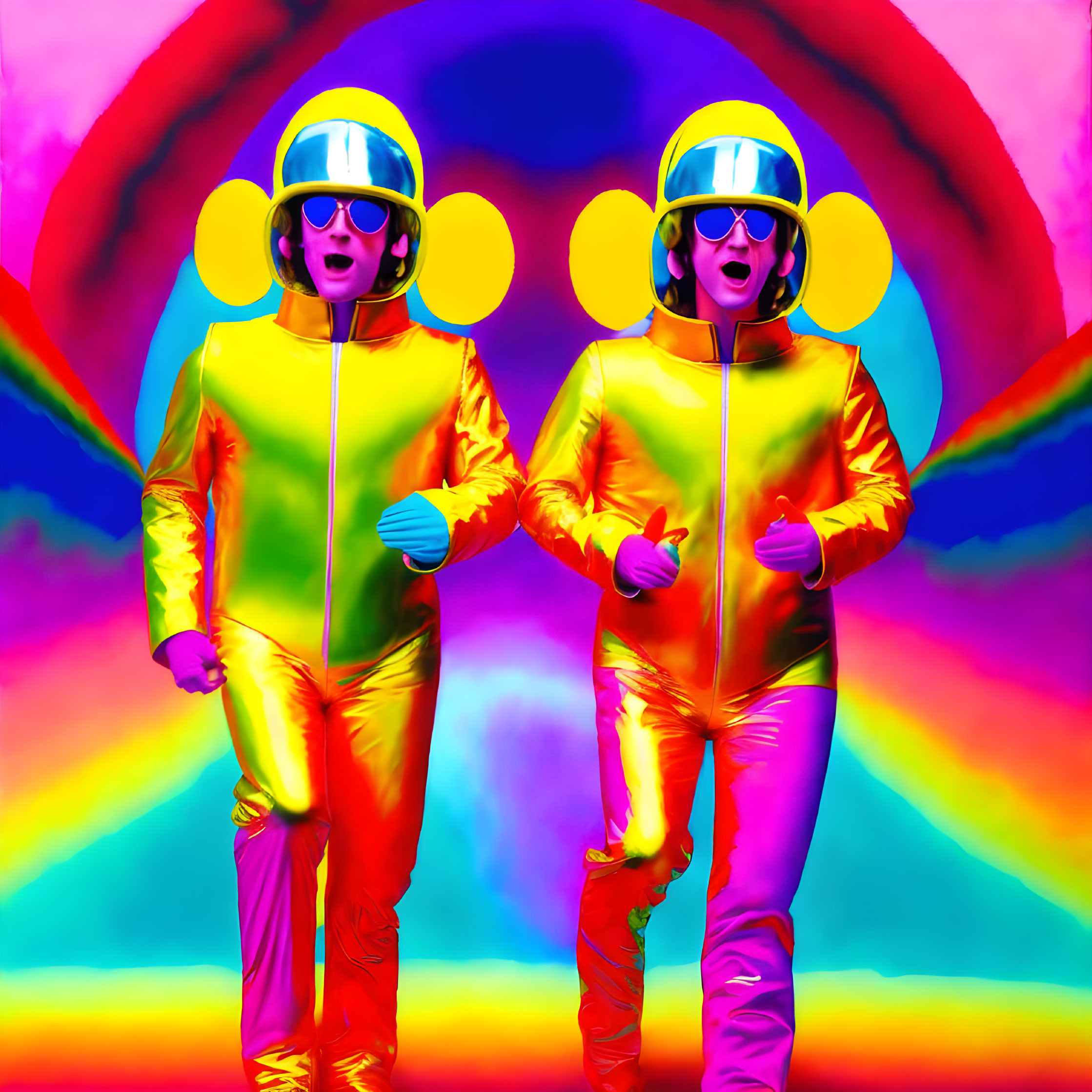 Two people in yellow and pink metallic suits with helmets and visors on colorful backdrop.