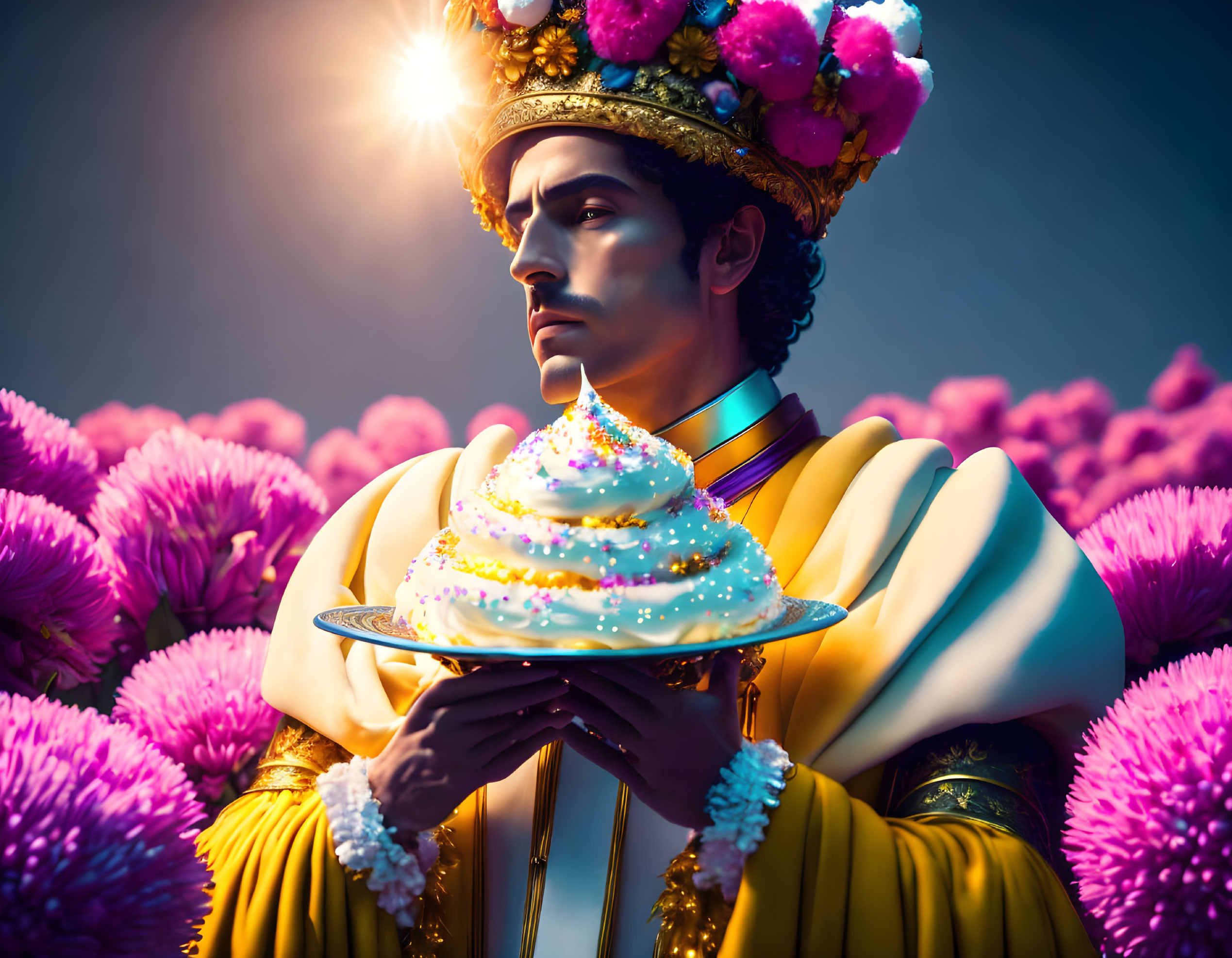 Regal figure in ornate attire with cupcake in vibrant setting