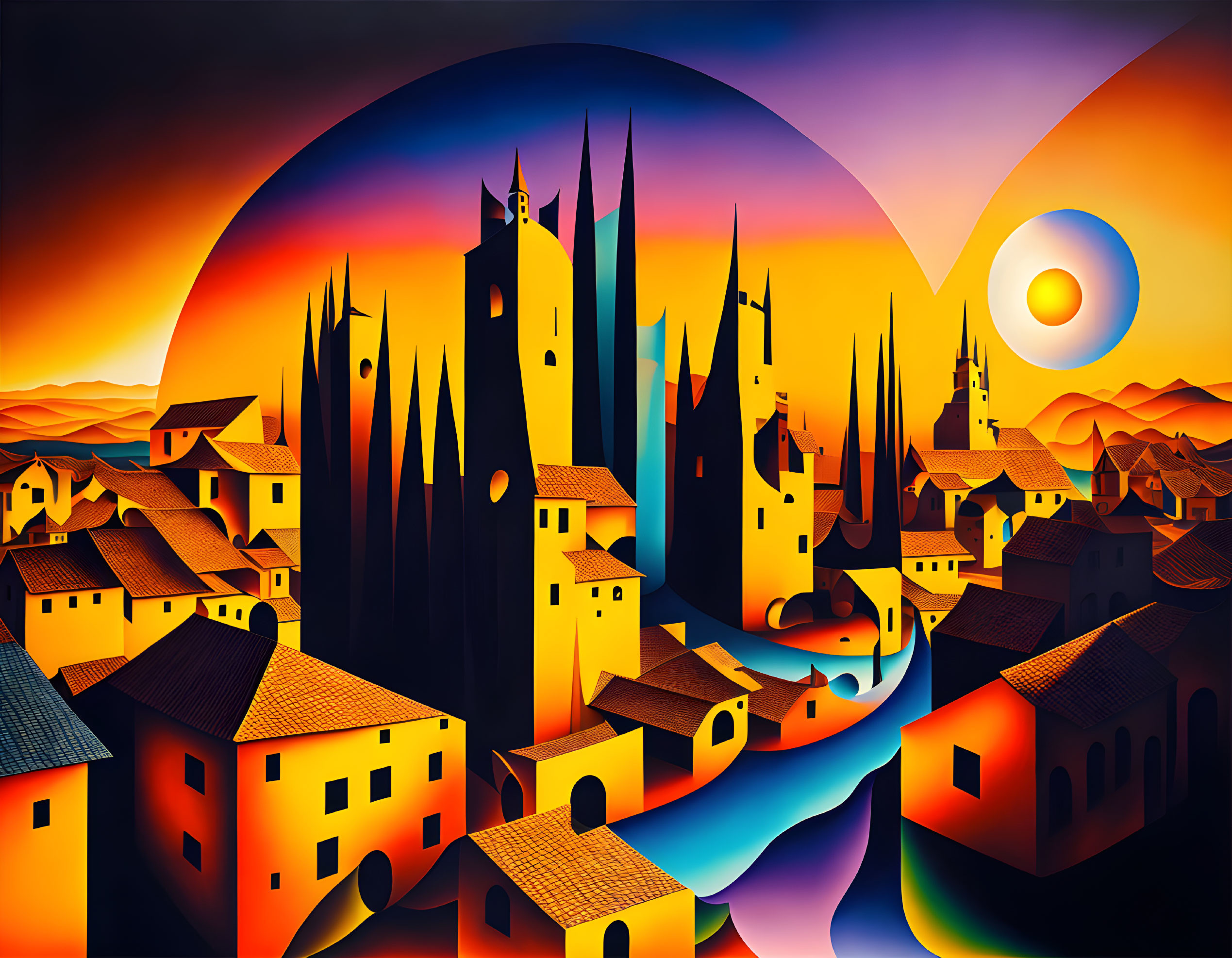 Colorful surrealist painting: Town with pointy towers, twisted river, oversized sunset