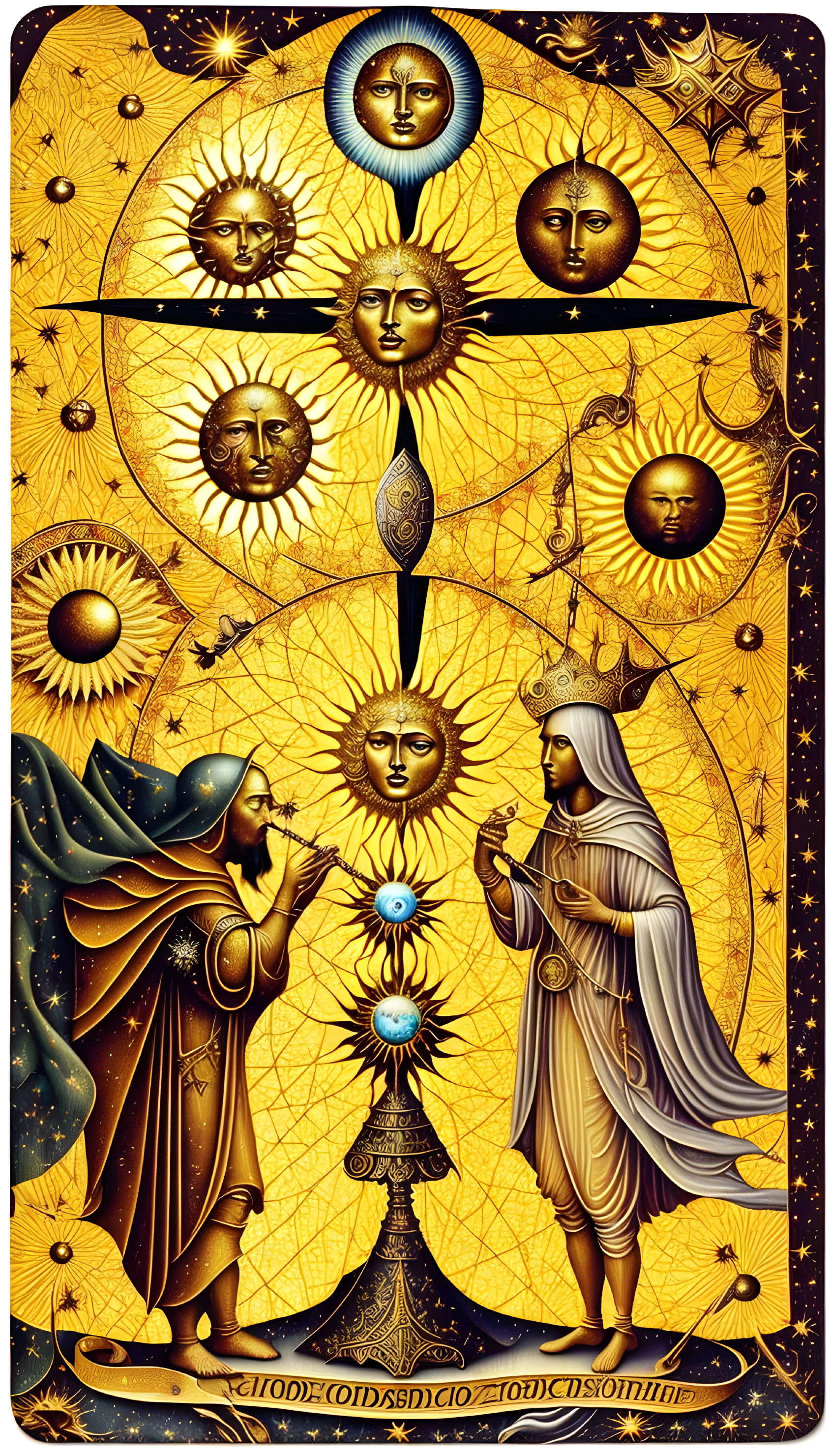 Celestial-themed tarot card design with sun faces and cloaked figures