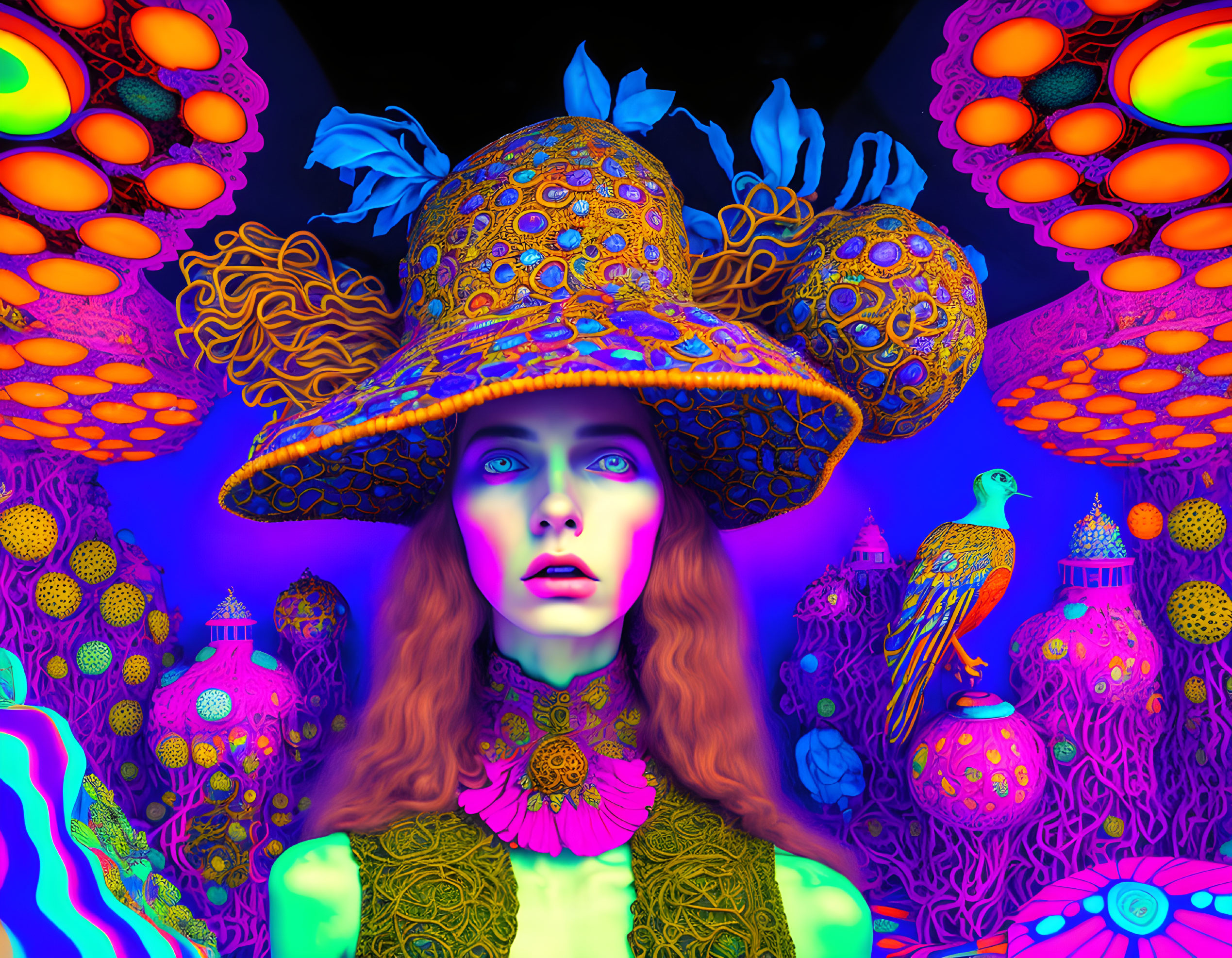 Colorful psychedelic portrait of a woman with a patterned hat surrounded by fantastical shapes.