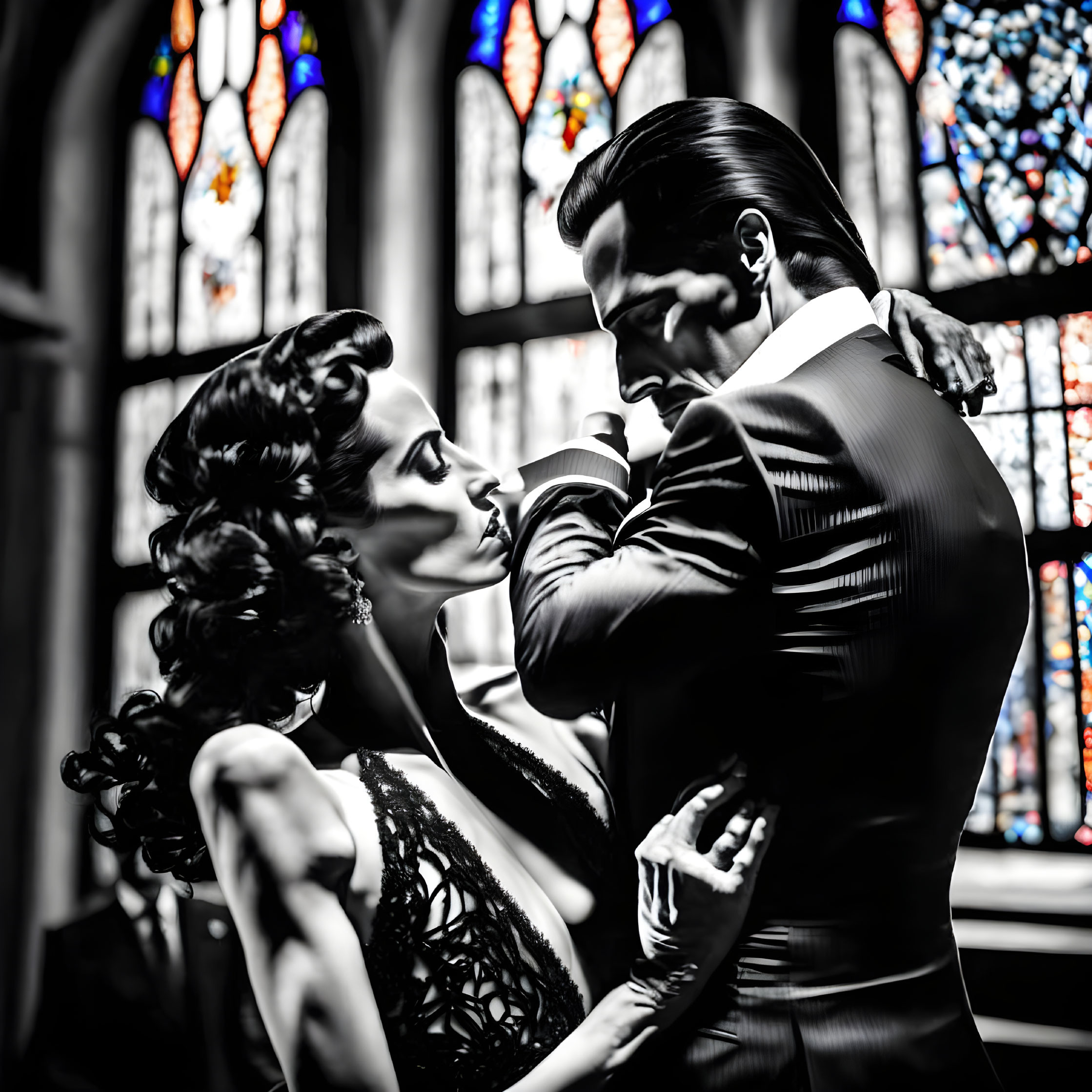 Monochrome image: Couple in formal attire by stained-glass windows