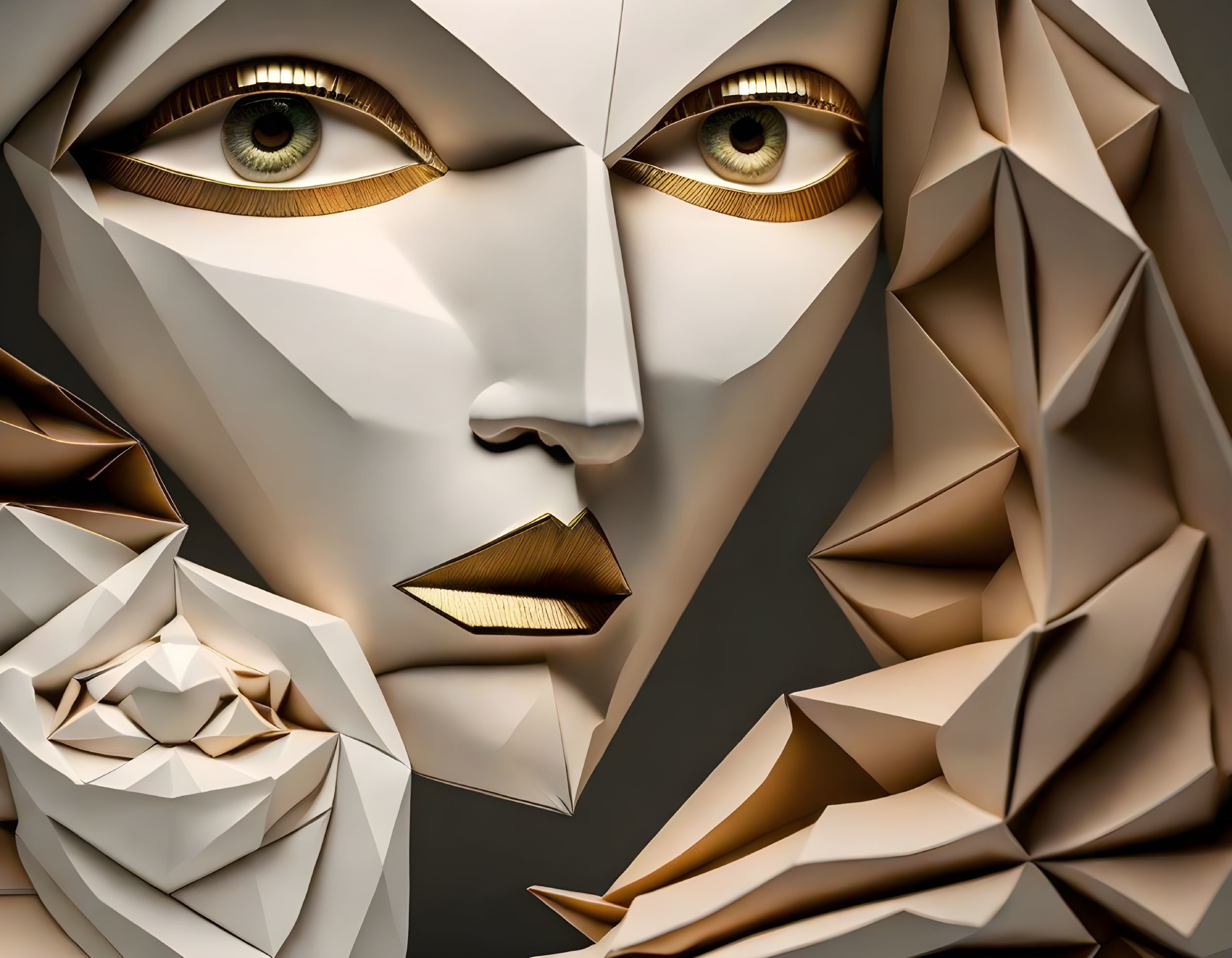 Polygonal 3D human face with golden eyes and lips in geometric design