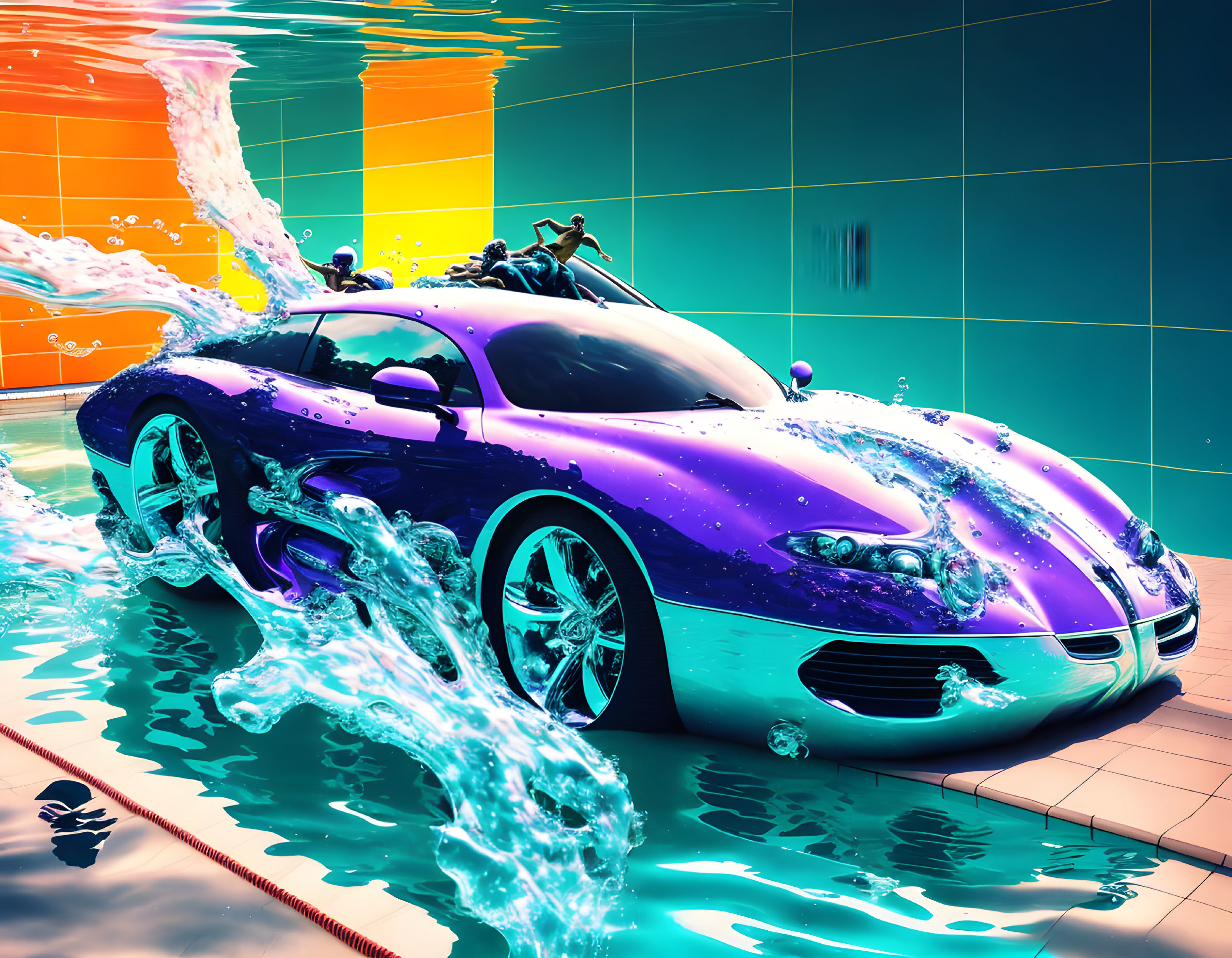 Purple sports car submerged in pool water with dynamic splashes and vibrant backdrop.