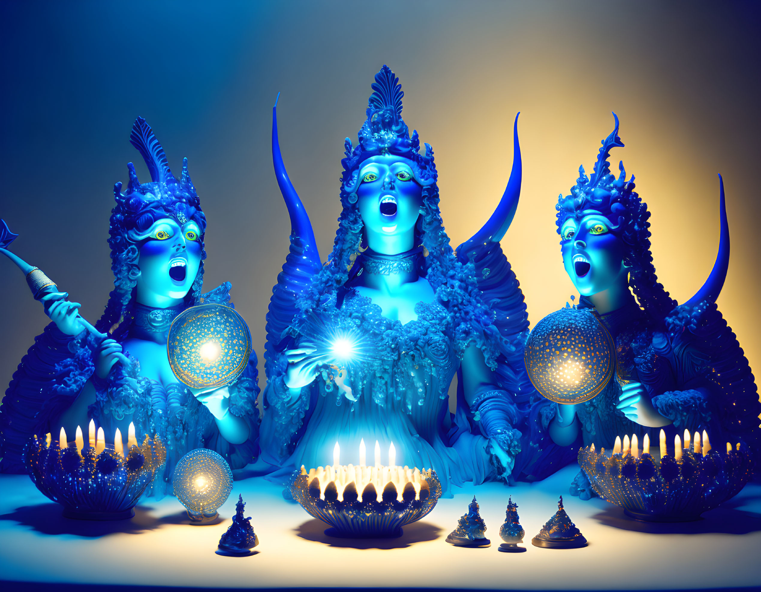 Three blue-toned goddess statues with headpieces and spheres, surrounded by candles on warm gradient.