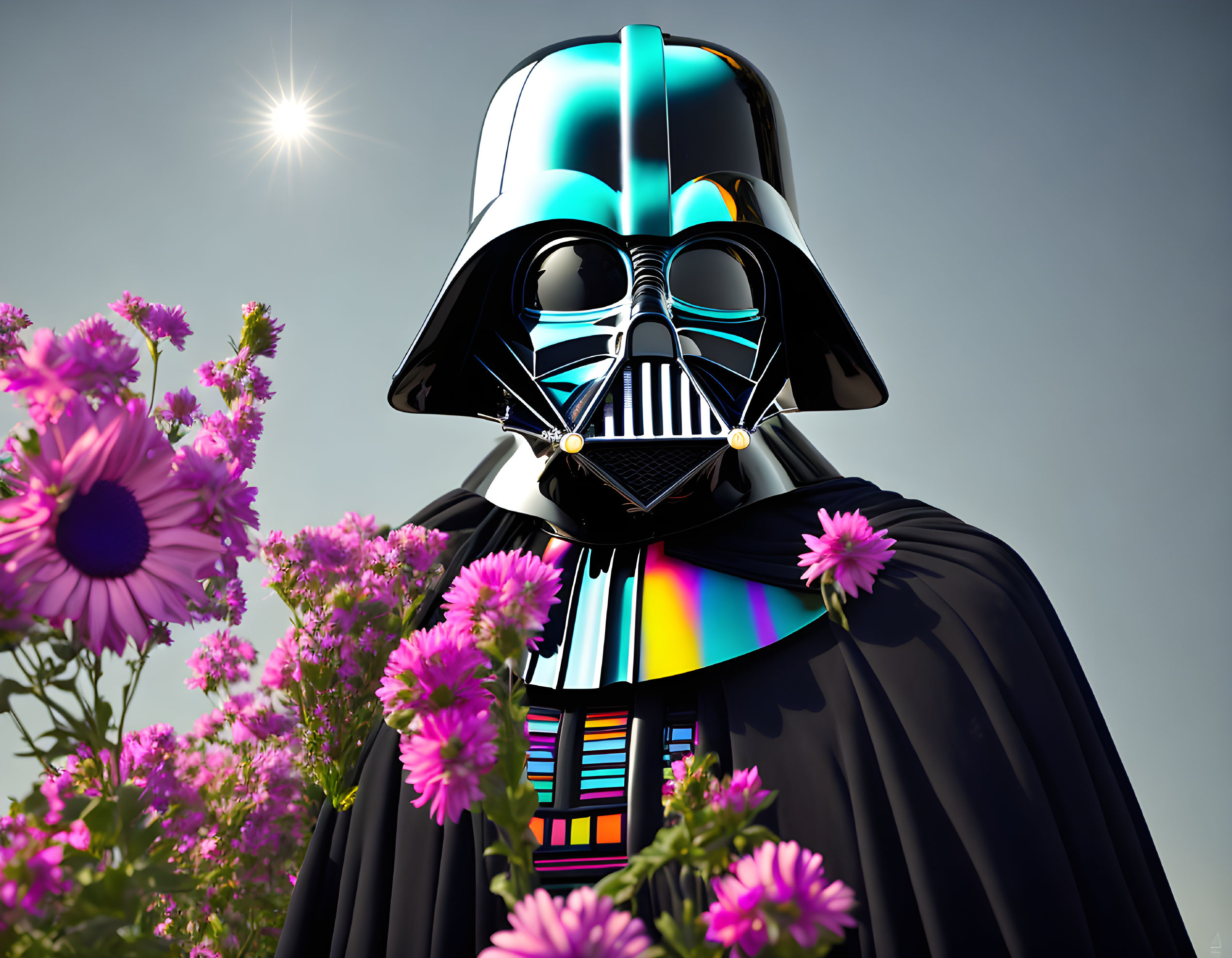 Colorful Darth Vader illustration in flower field with rainbow reflection and sun.