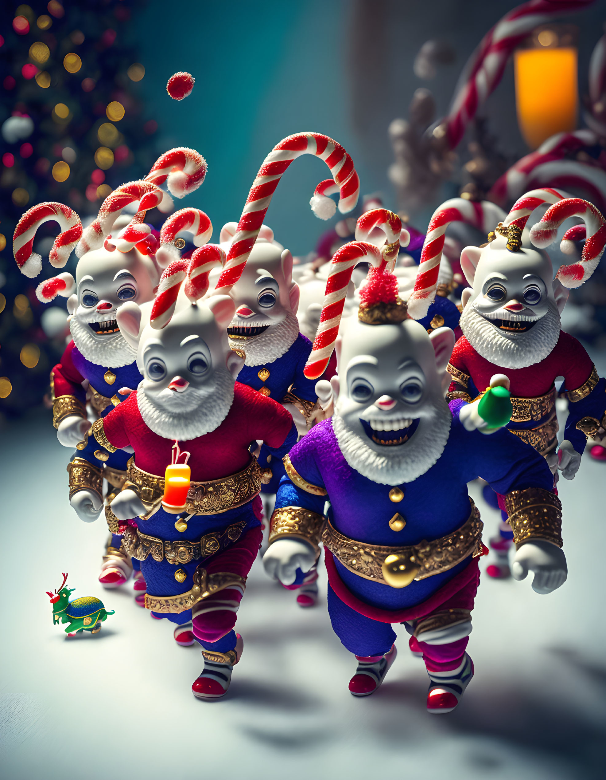 Colorful Festive Mice Dancing with Candy Canes and Bells