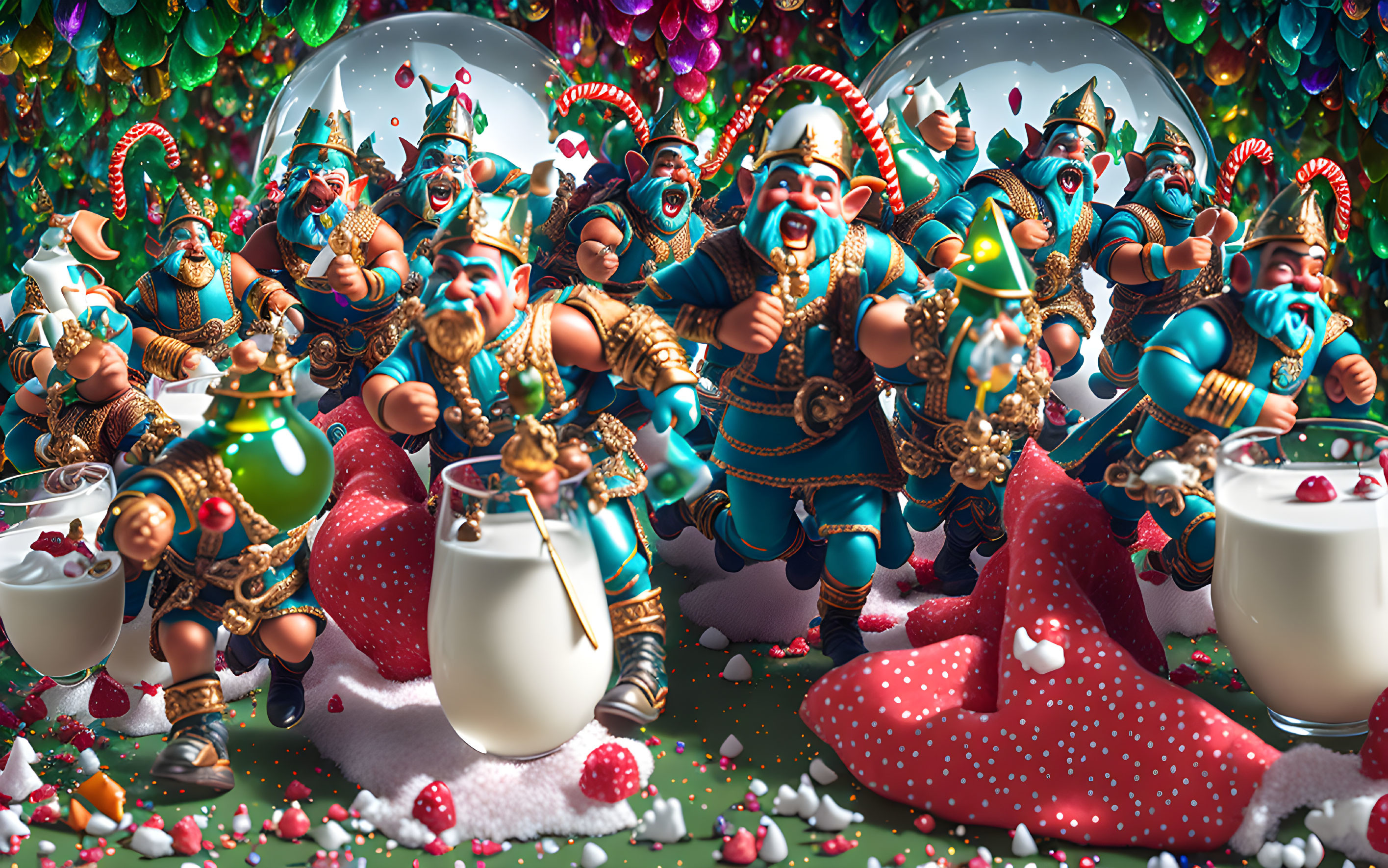 Cartoonish dwarves celebrate in vibrant fantasy scene