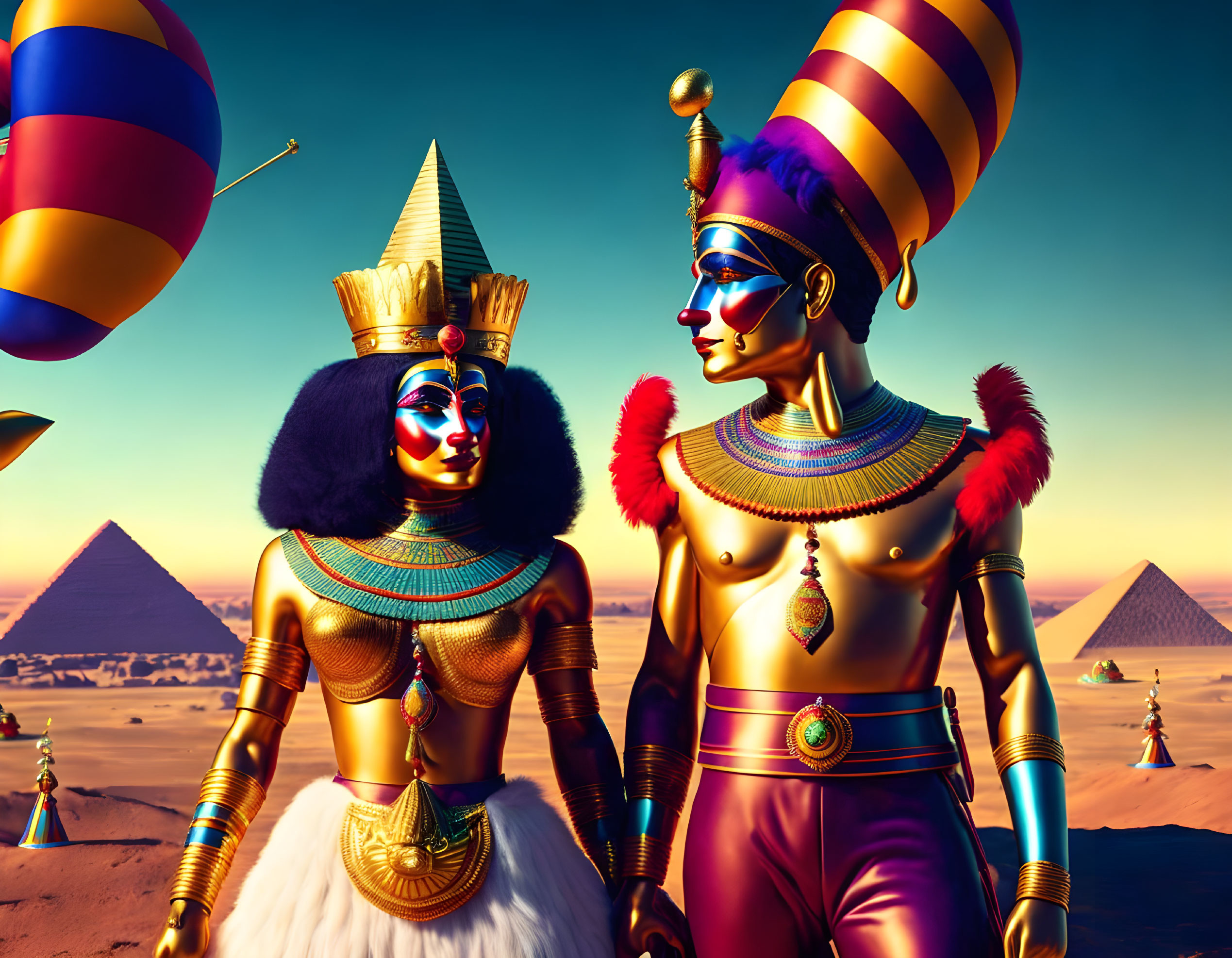 Vibrant Egyptian royalty characters in desert with pyramids and balloons