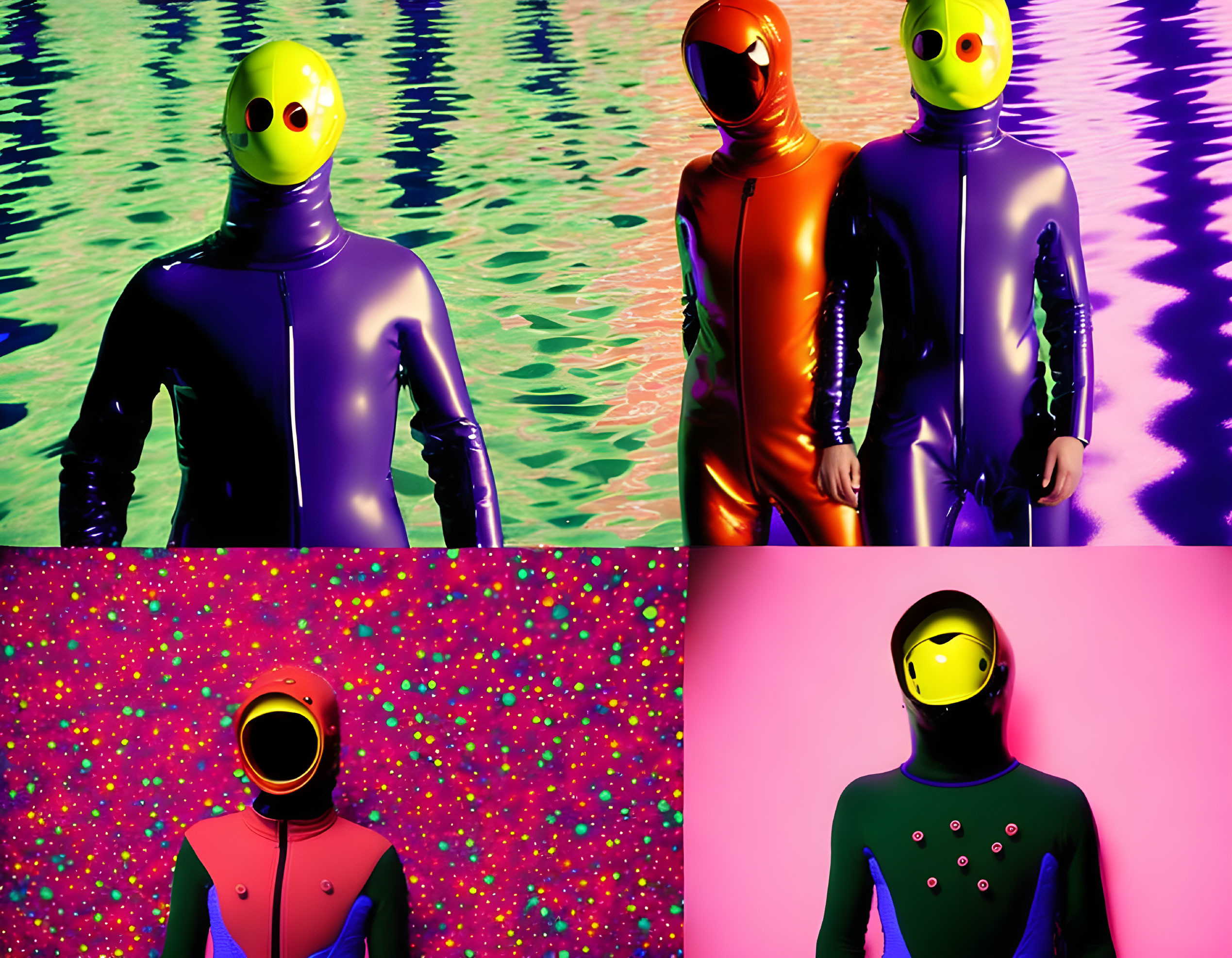 Colorful Bodysuit Outfits with Reflective Smiley Face Helmets on Vibrant Backgrounds