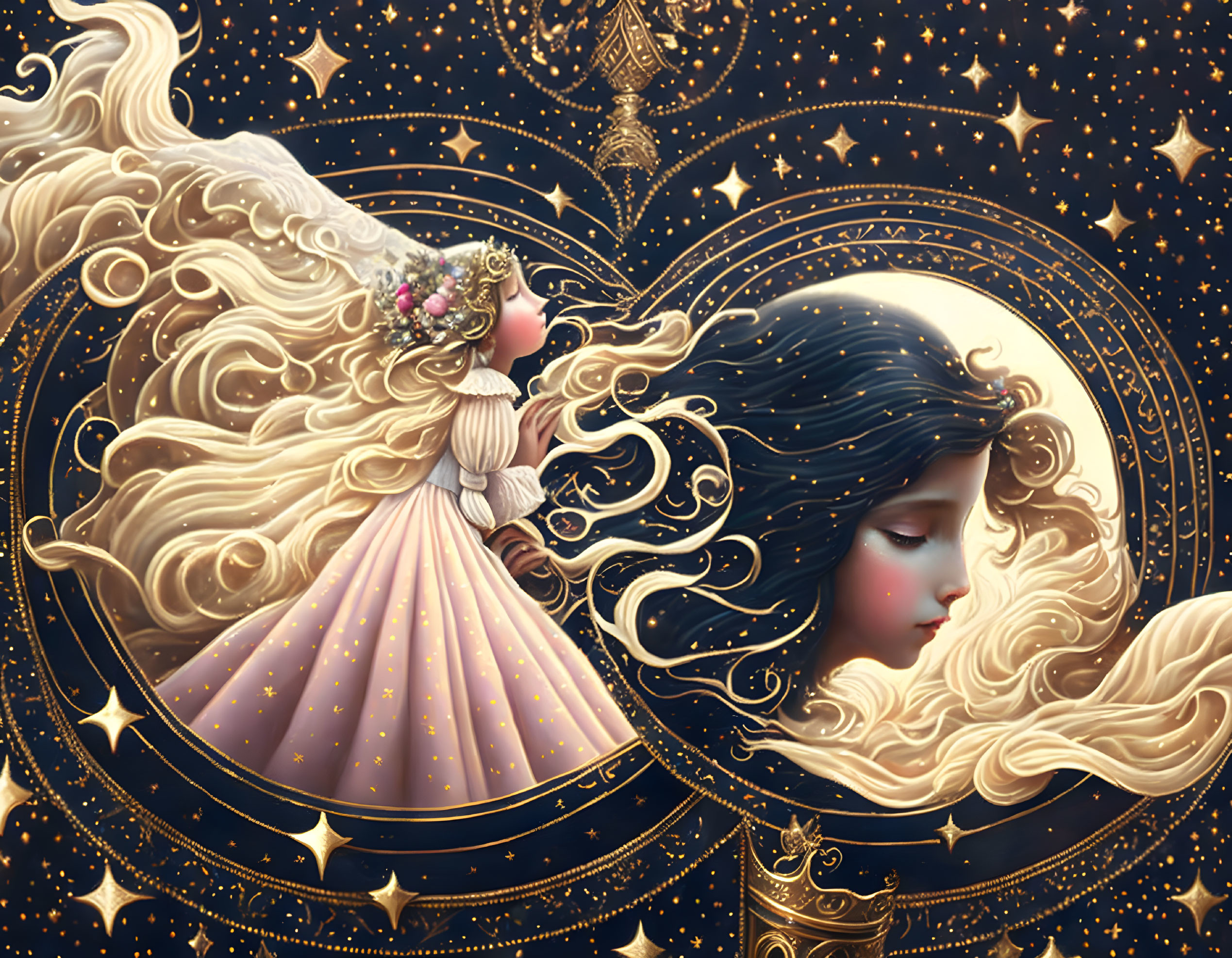 Fantasy illustration of two female figures in elaborate dresses amid celestial motifs.