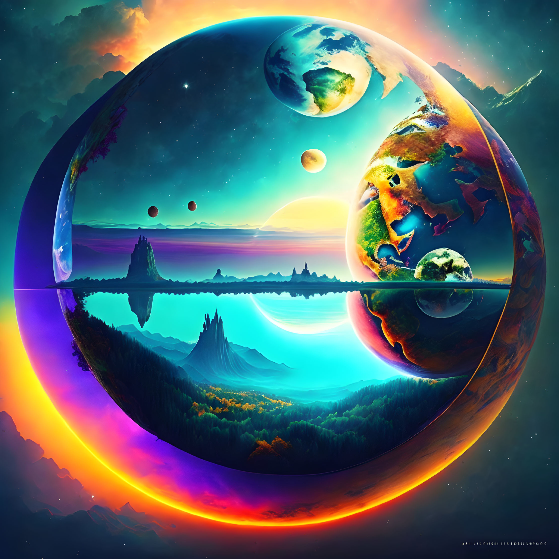 Fantastical digital artwork: vibrant landscape with multiple planets