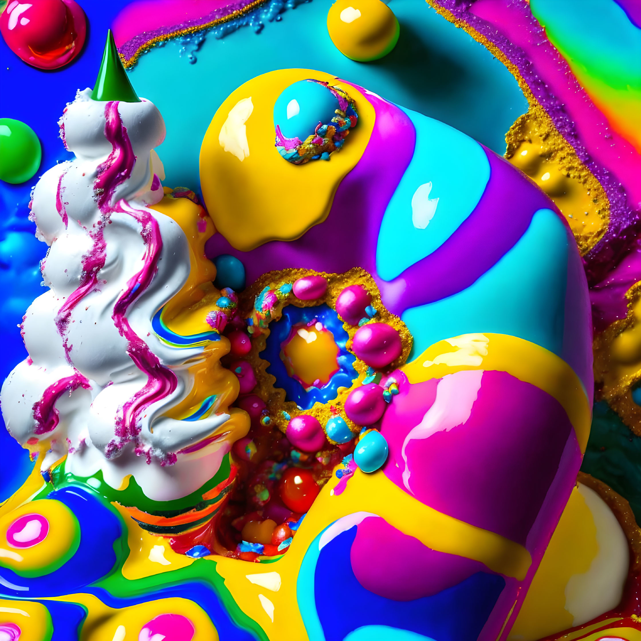 Colorful 3D digital art: Glossy shapes, swirling patterns, textured beads