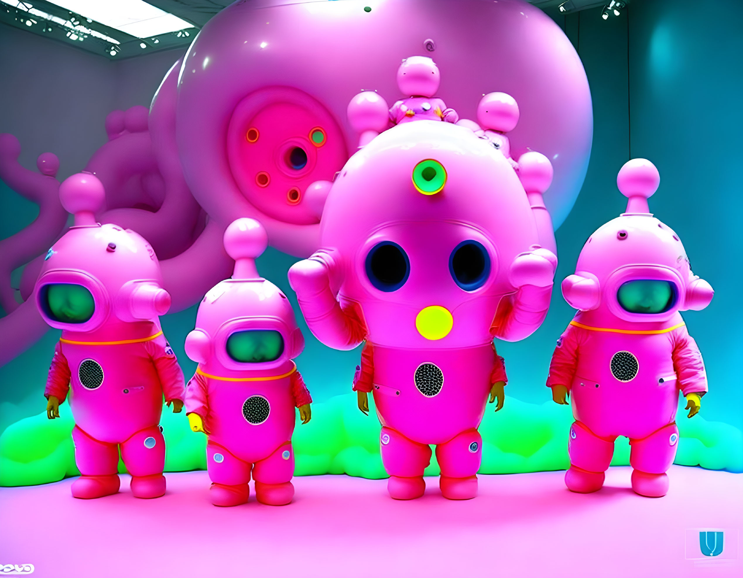 Pink Cartoonish Space Creatures in Sci-Fi Environment with Spaceship