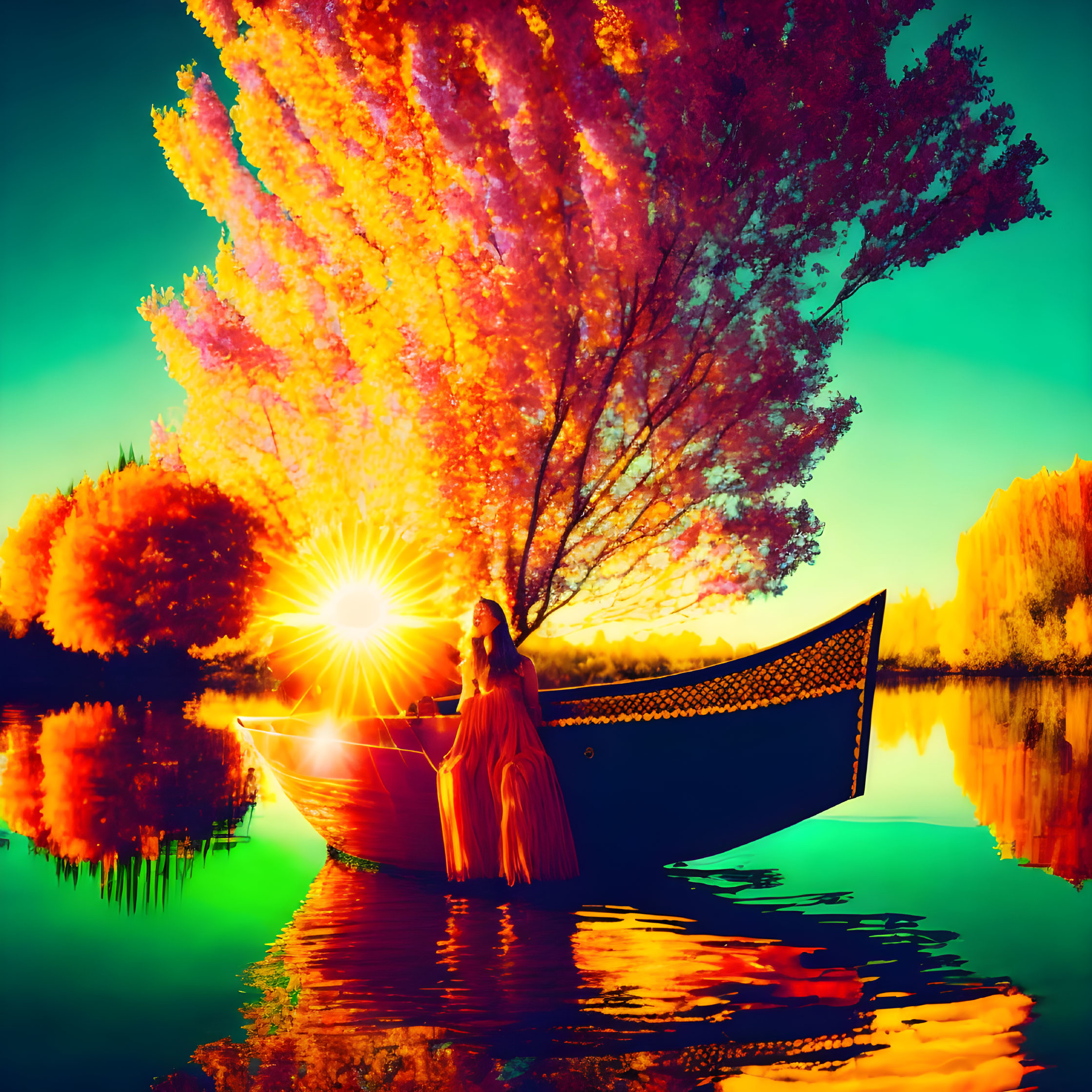 Woman in flowing dress on boat under vibrant tree at sunset