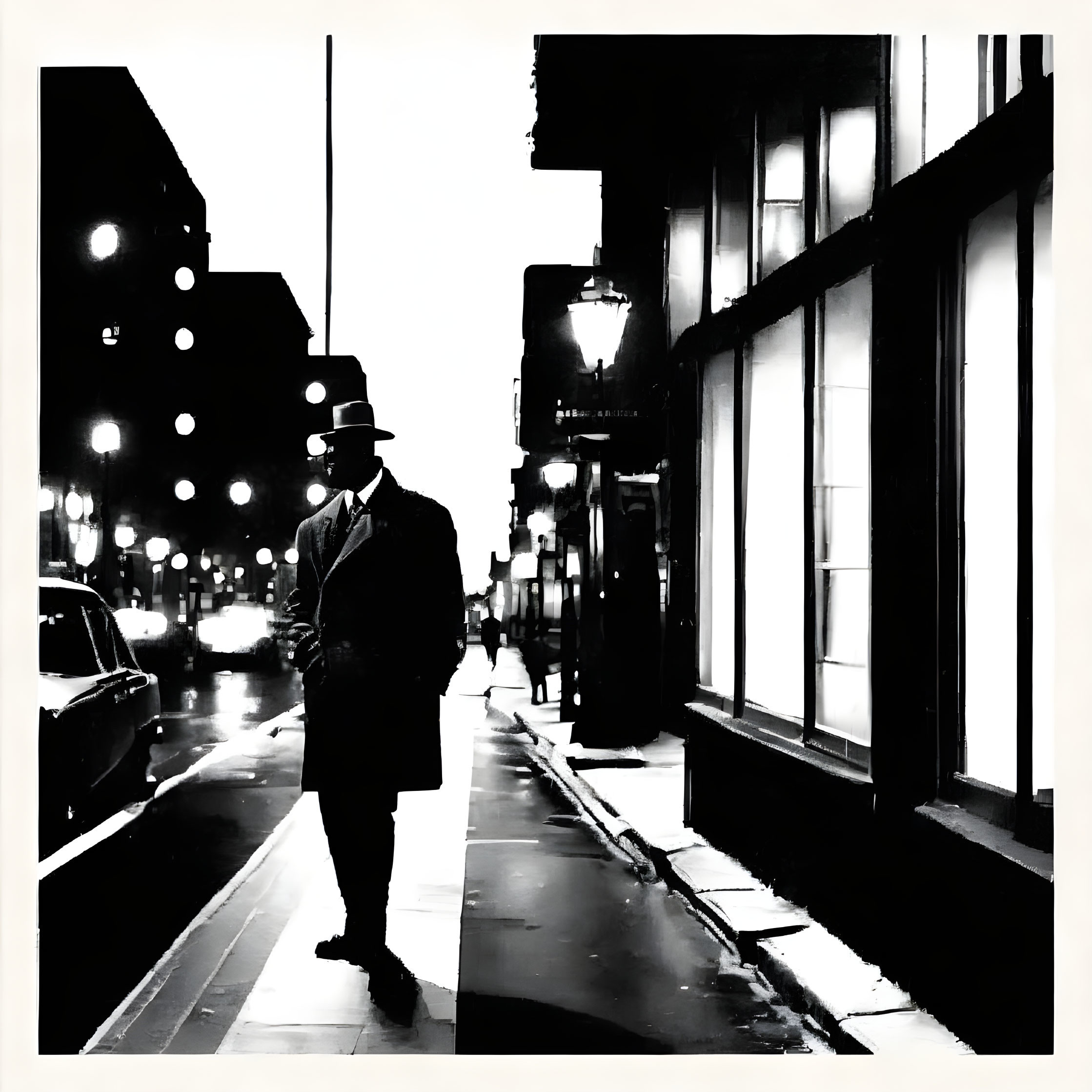 Monochrome image of person in coat and hat on city sidewalk at night