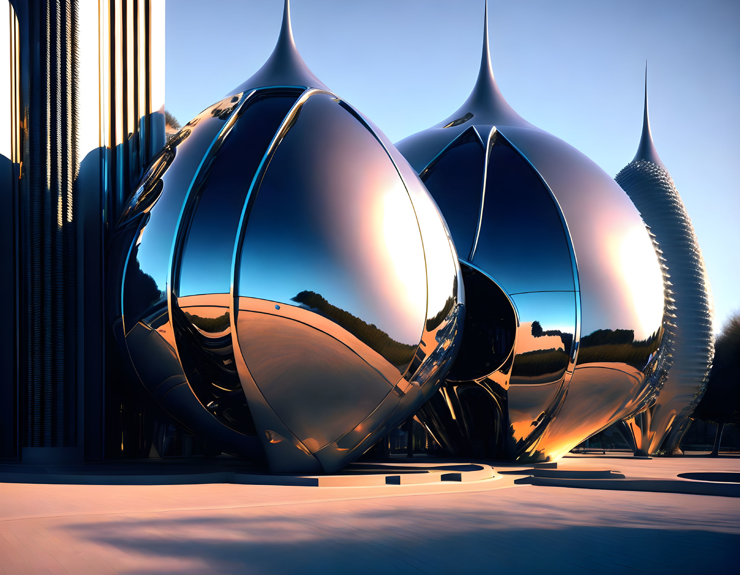 Reflective metallic spheres in urban setting with avant-garde architecture