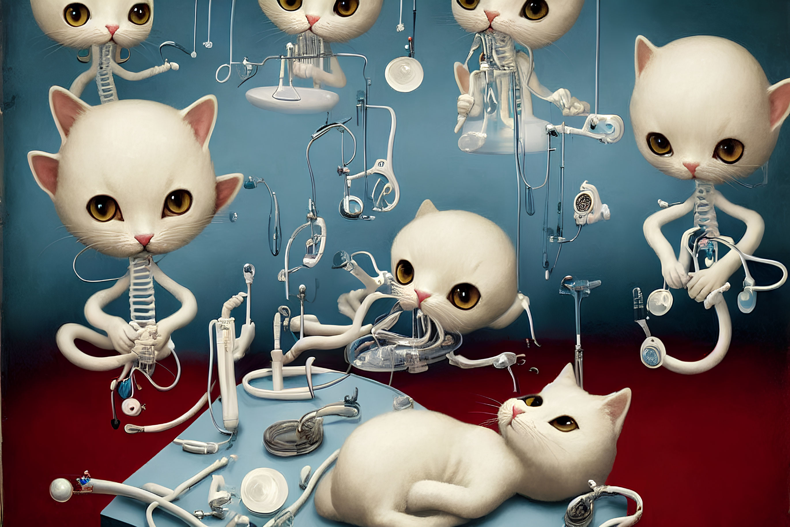 Surreal oversized cat heads with human-like eyes on mechanical bodies in blue setting