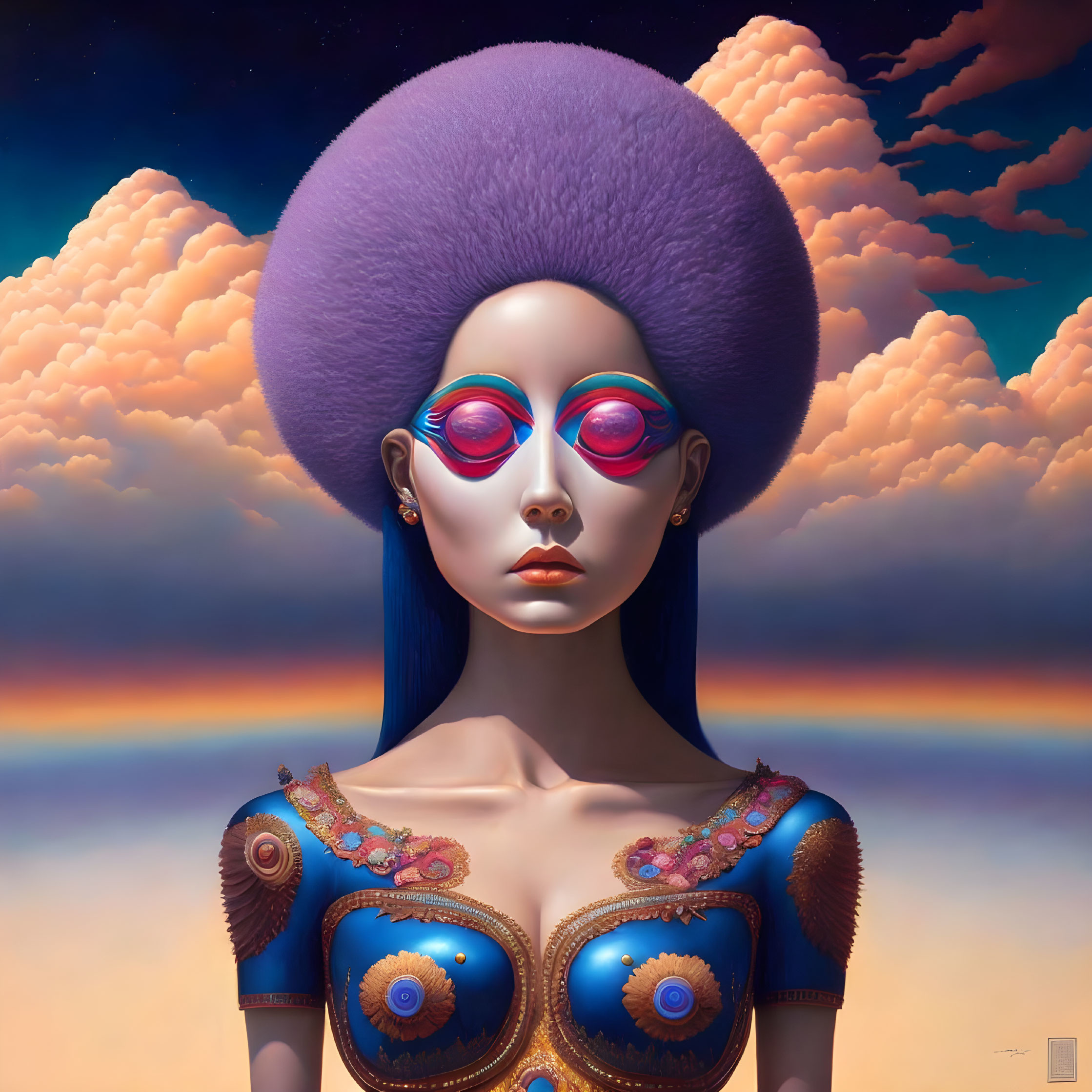 Exaggerated purple afro woman in surreal sunset portrait