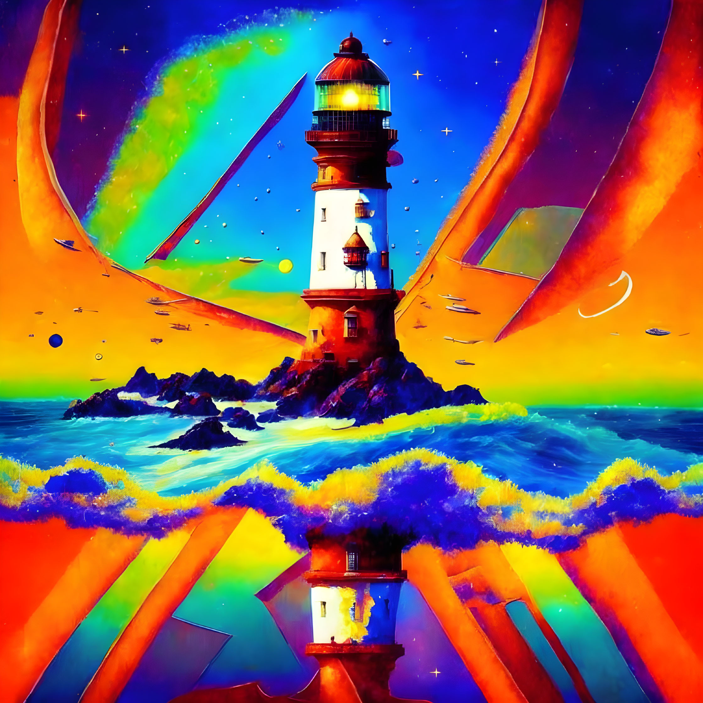 Colorful surreal artwork: lighthouse on rocks with cosmic backdrop