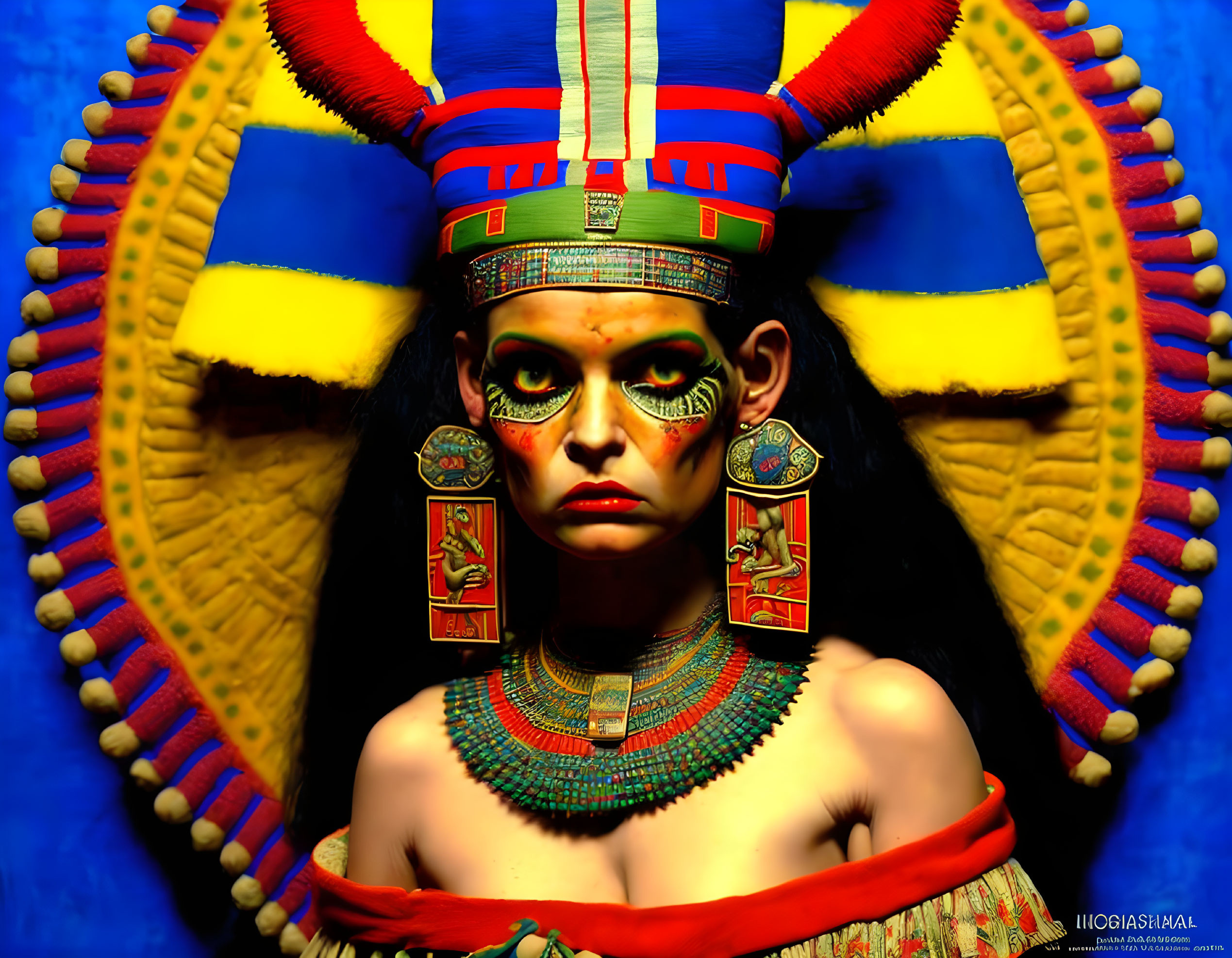 Intricate Ancient Egyptian-Inspired Makeup and Headdress in Vibrant Colors