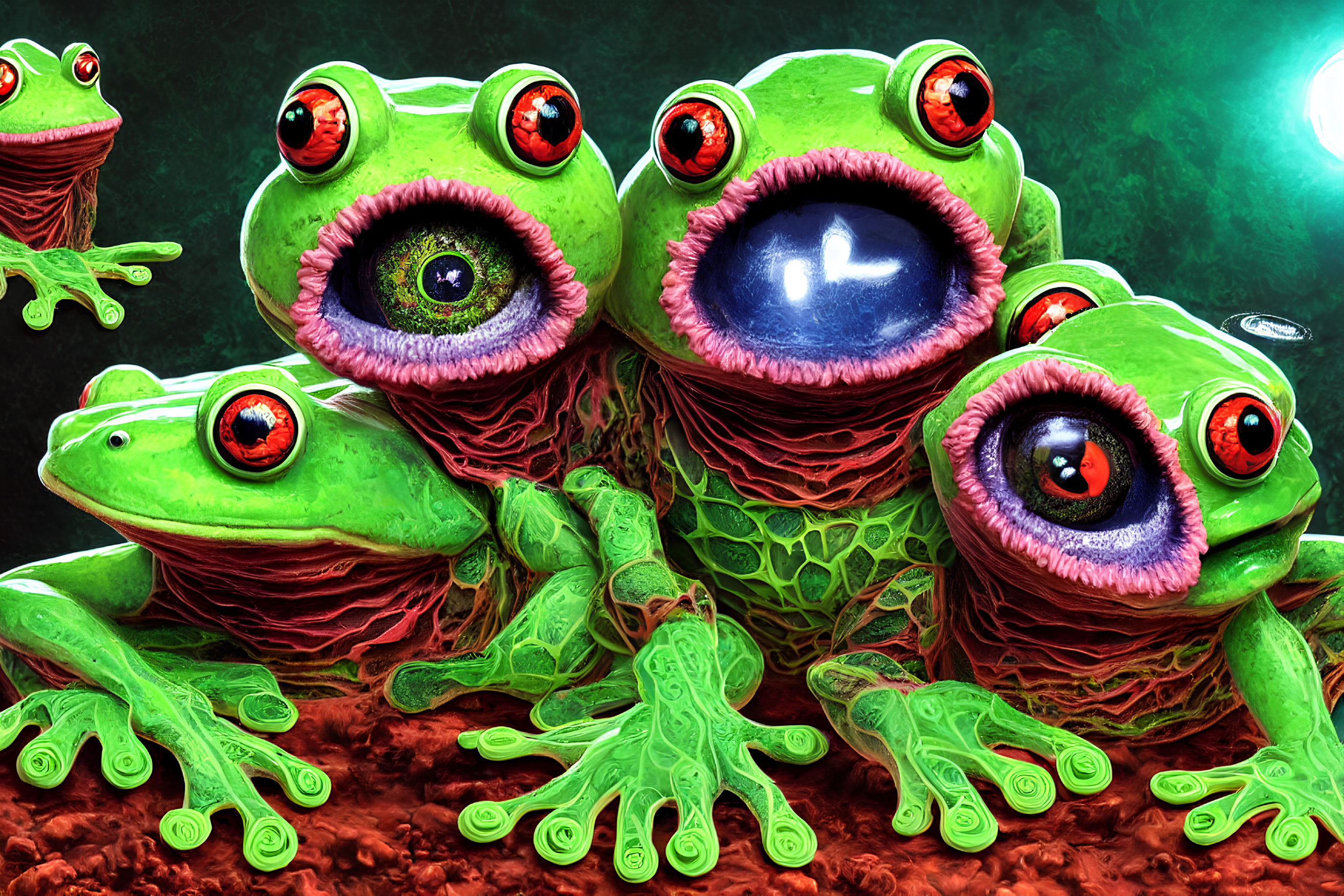 Colorful Cartoon-Style Frogs with Expressive Eyes on Dark Background