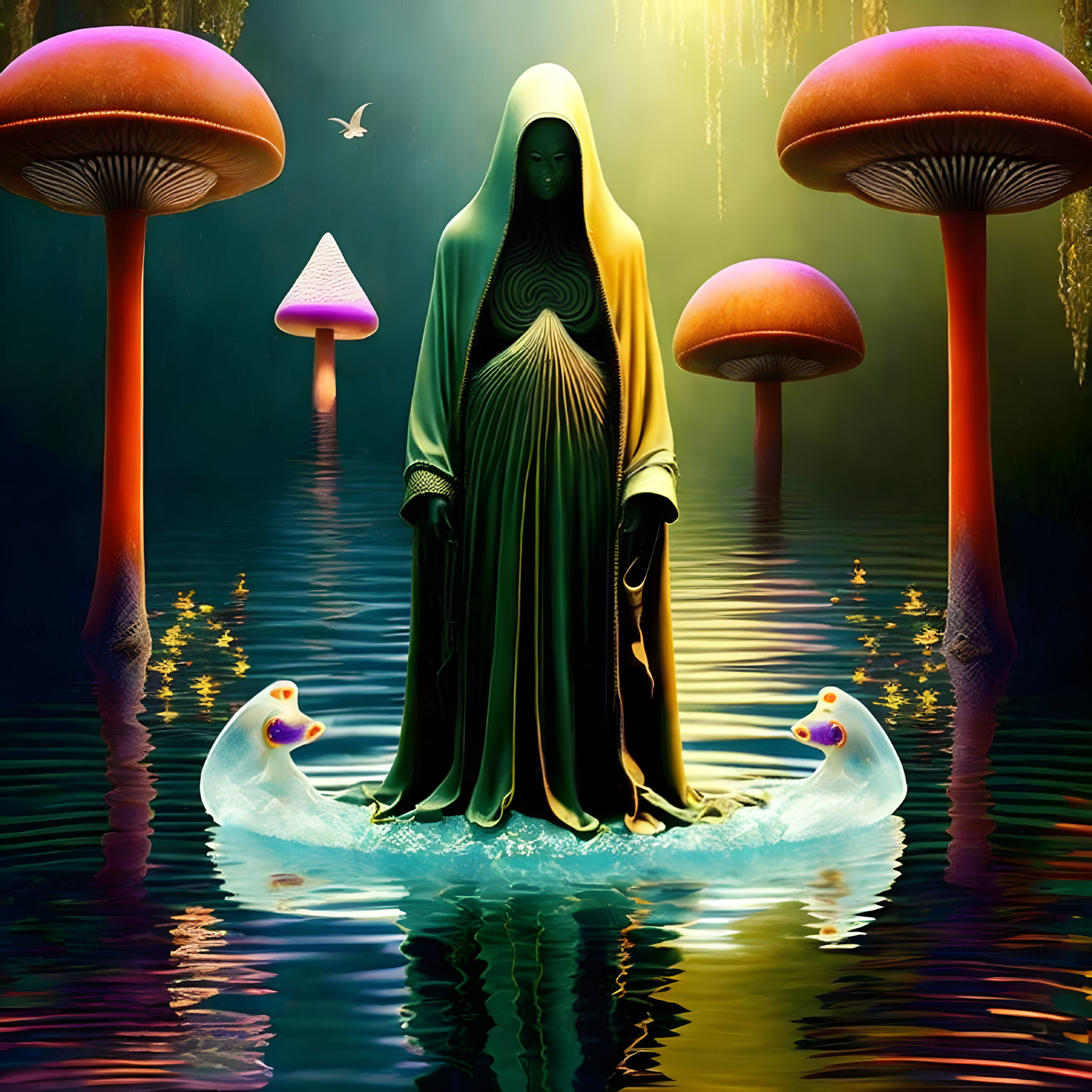 Hooded figure on glowing swan float in surreal mushroom landscape