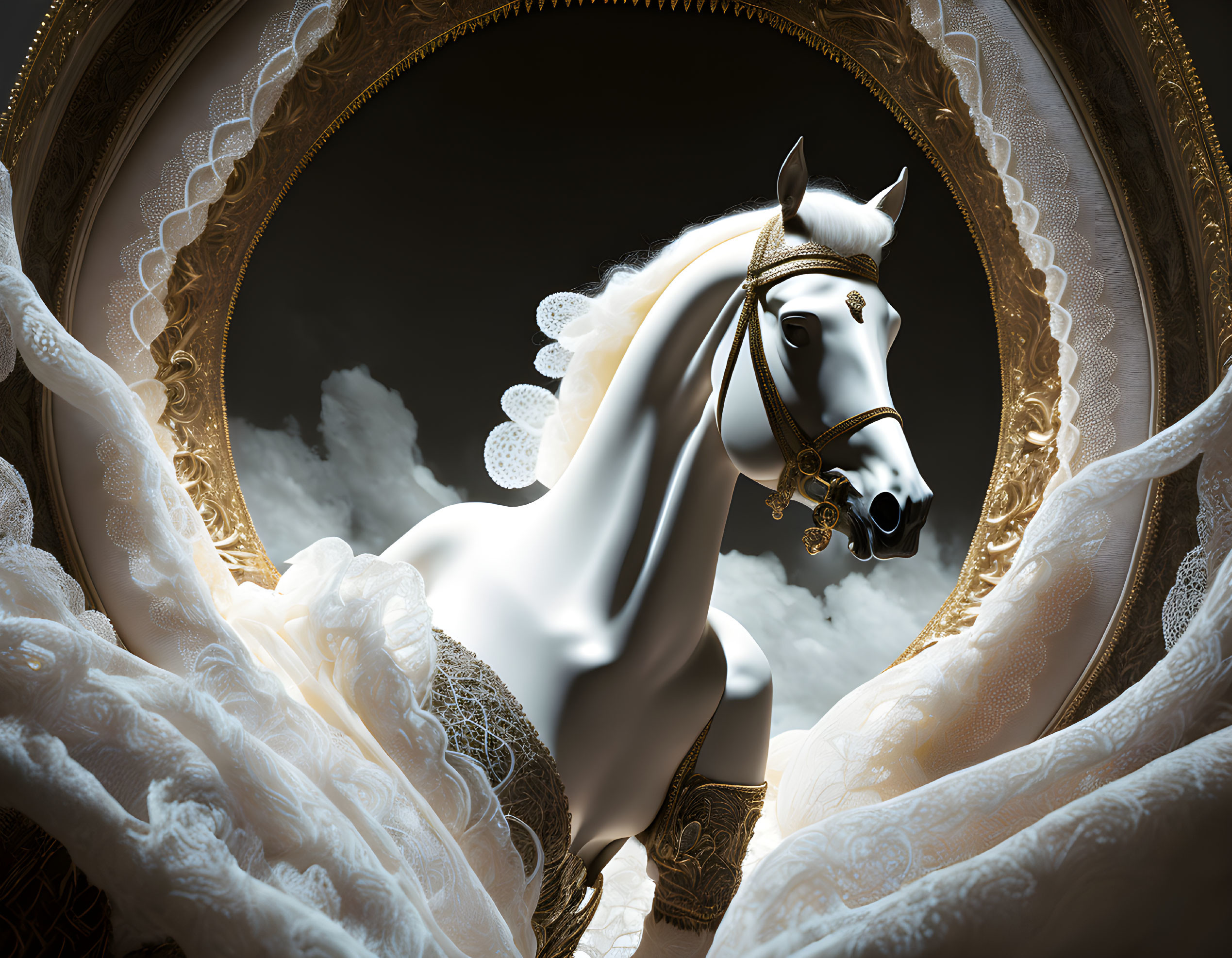 White Horse with Golden Bridle in Circular Frame on Cloudy Background