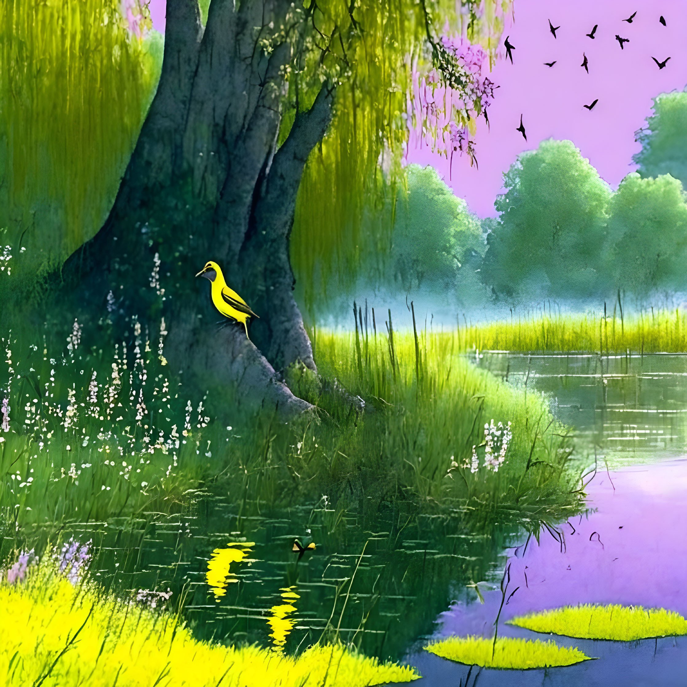 Tranquil lakeside scene with golden bird, willow tree, iridescent foliage, and