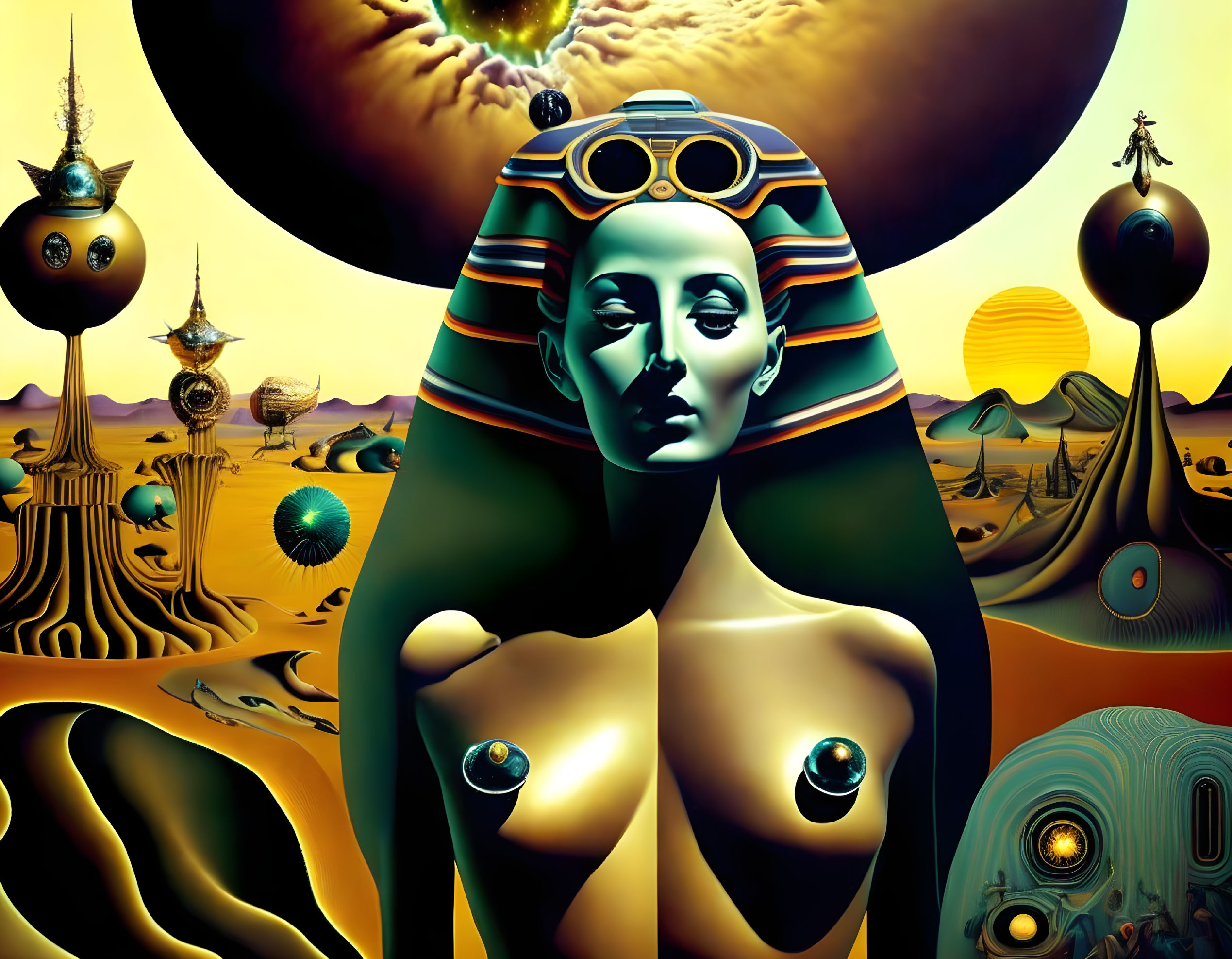 Surrealistic Cleopatra Artwork: Desert Landscape with Floating Orbs