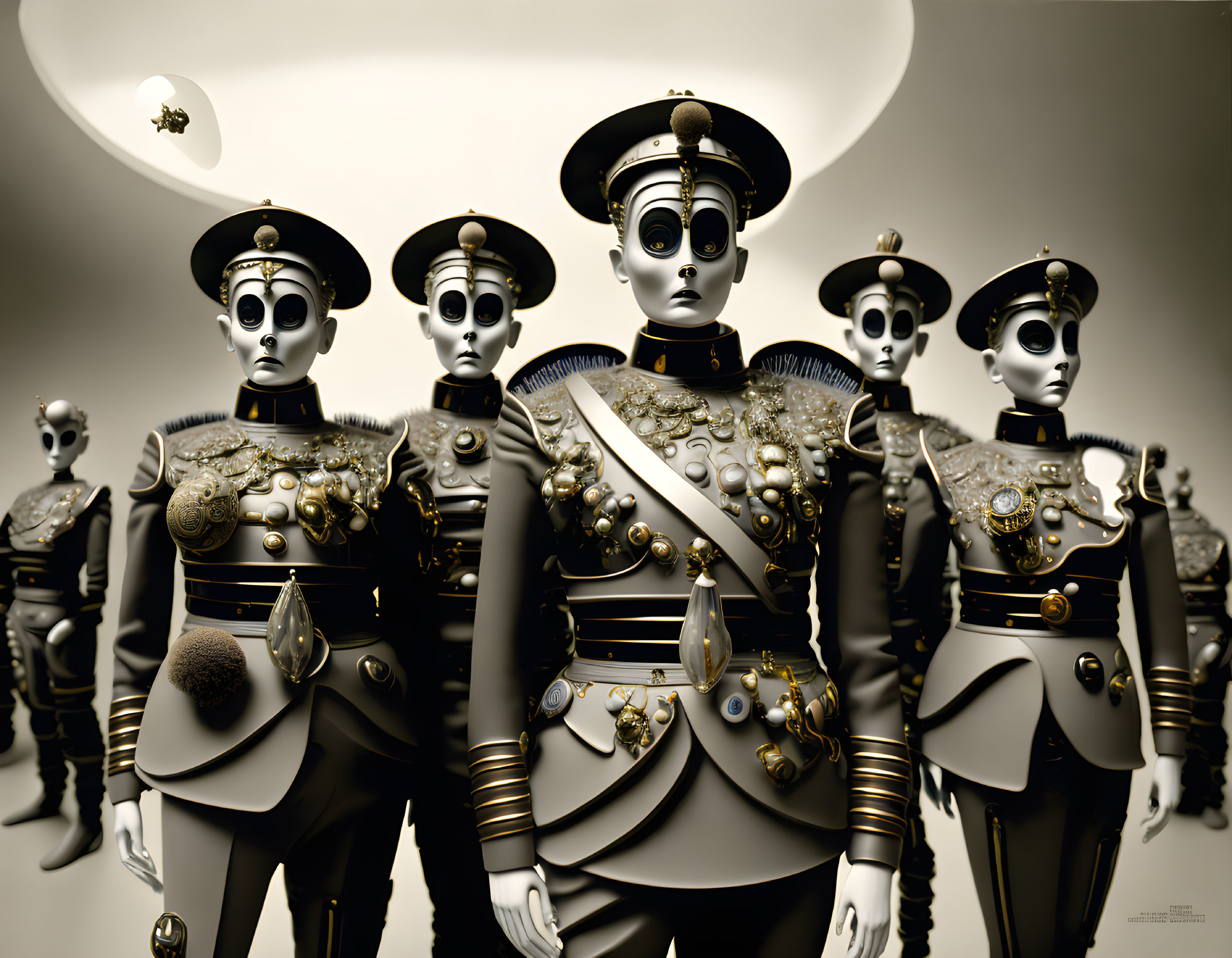 Stylized figures in ornate military uniforms with vintage aesthetic