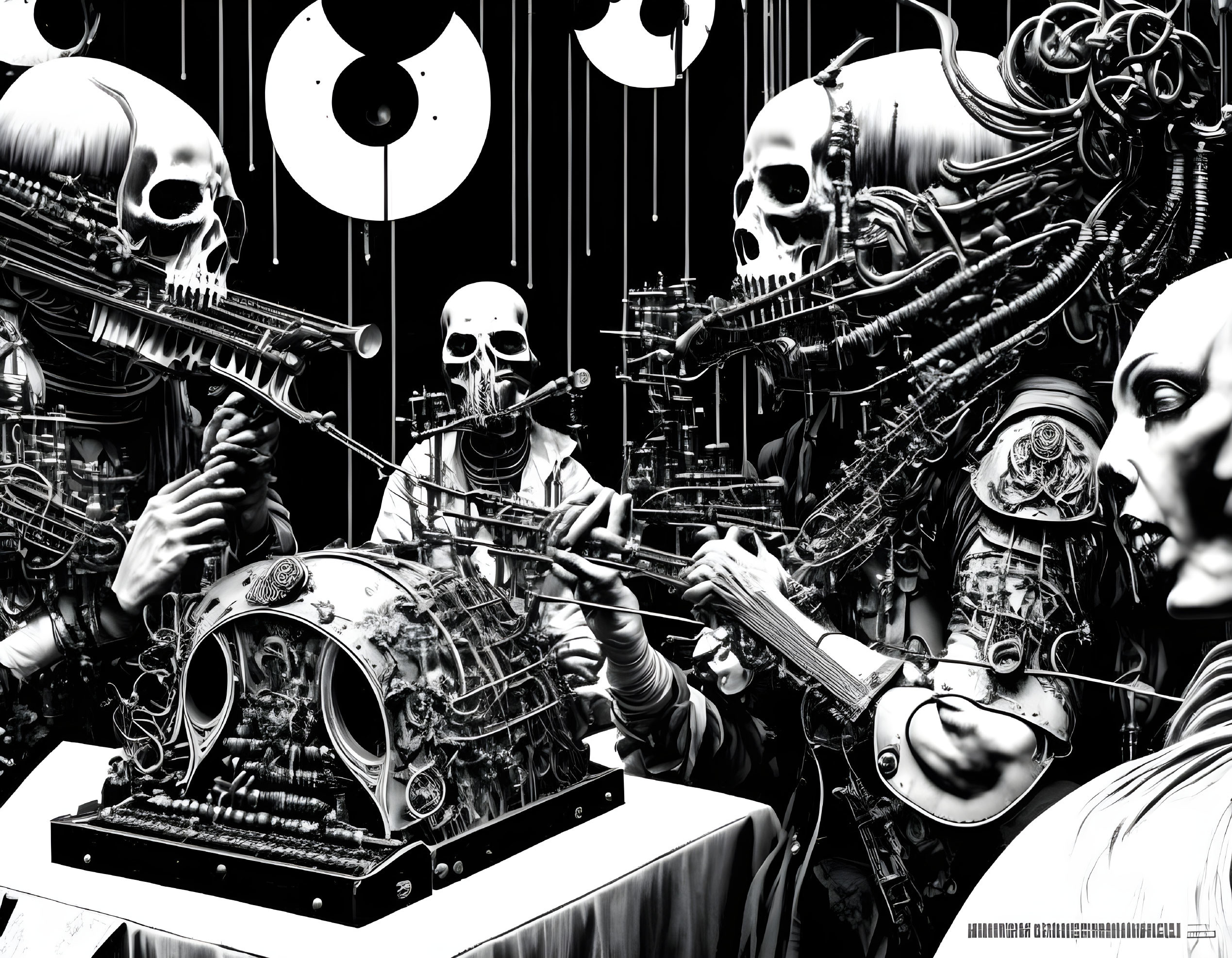 Monochrome skeletal figures operating intricate machine with circular backdrop