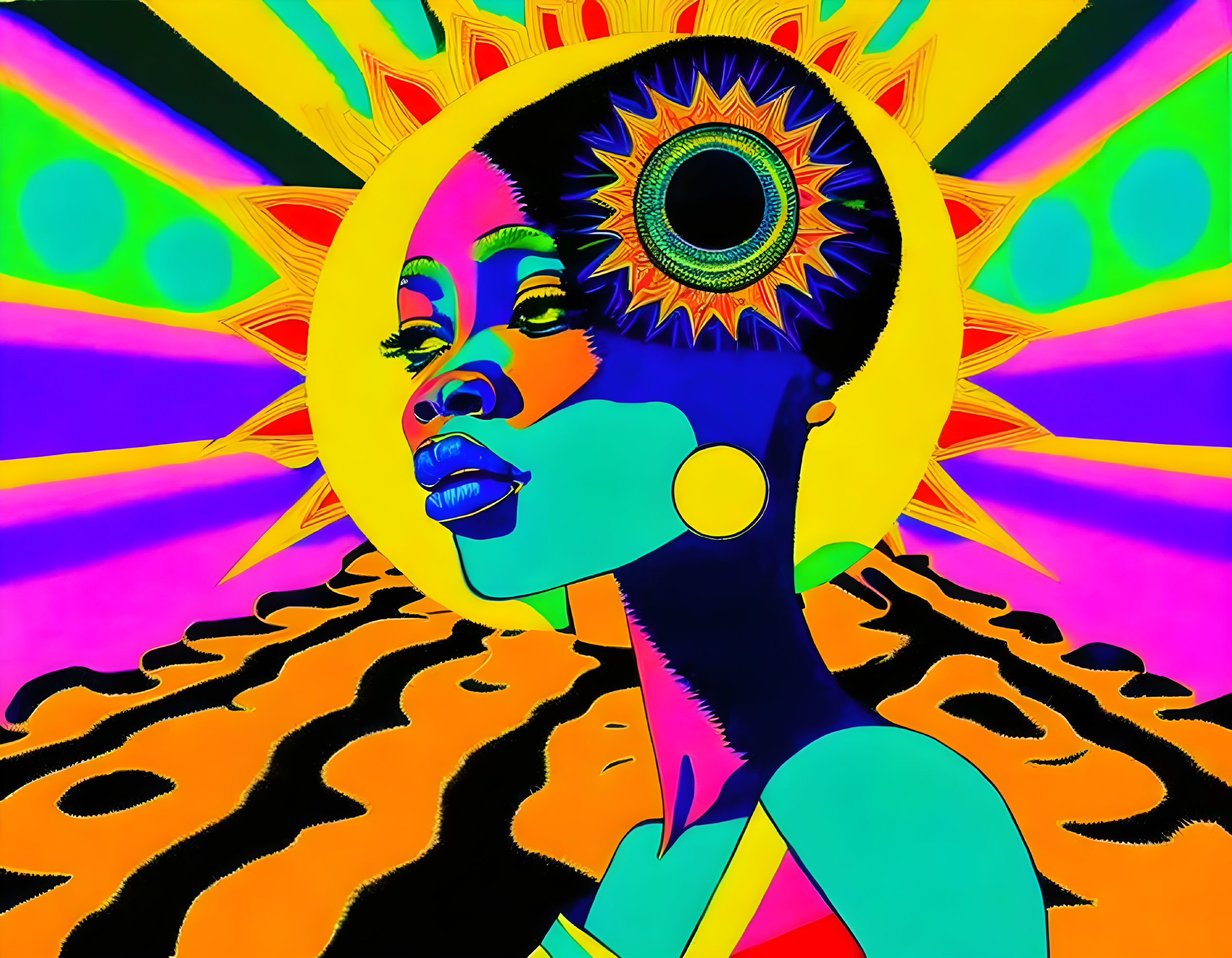 Colorful Digital Art: Woman with Sun Motif & African Patterns