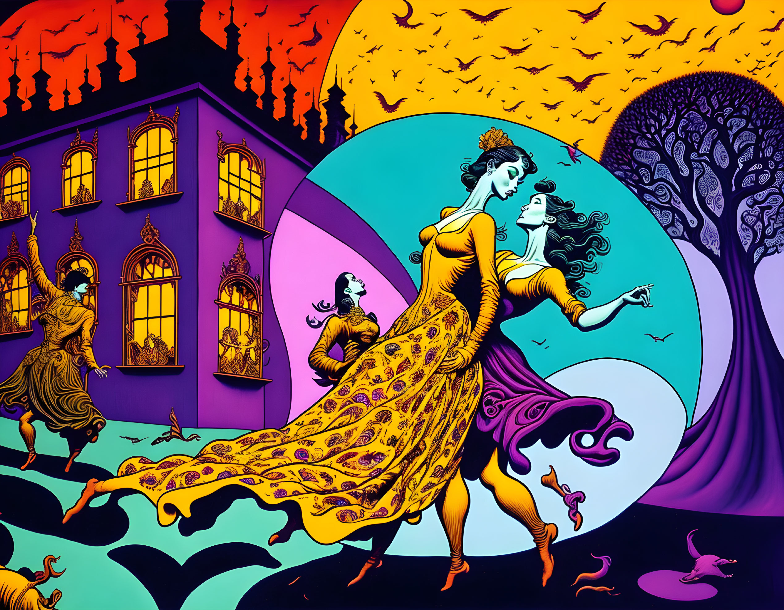 Colorful Psychedelic Illustration of Woman in Yellow Dress