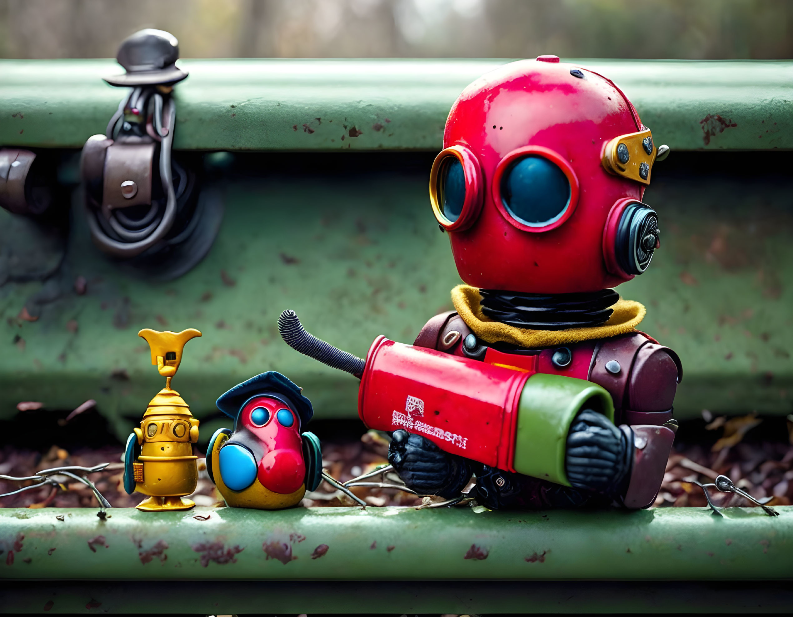 Toy robot with red head and body next to yellow robot and graduation-capped creature on bench