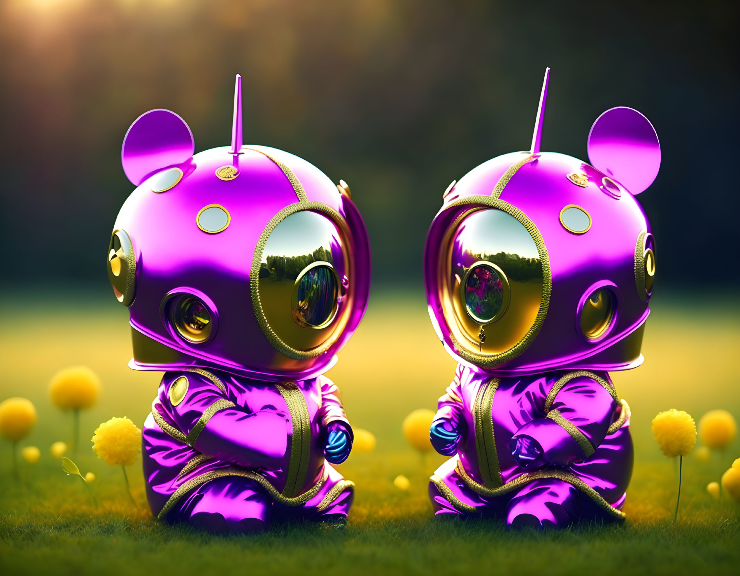 Purple Alien-Like Figures Surrounded by Yellow Flowers in Sunlit Meadow