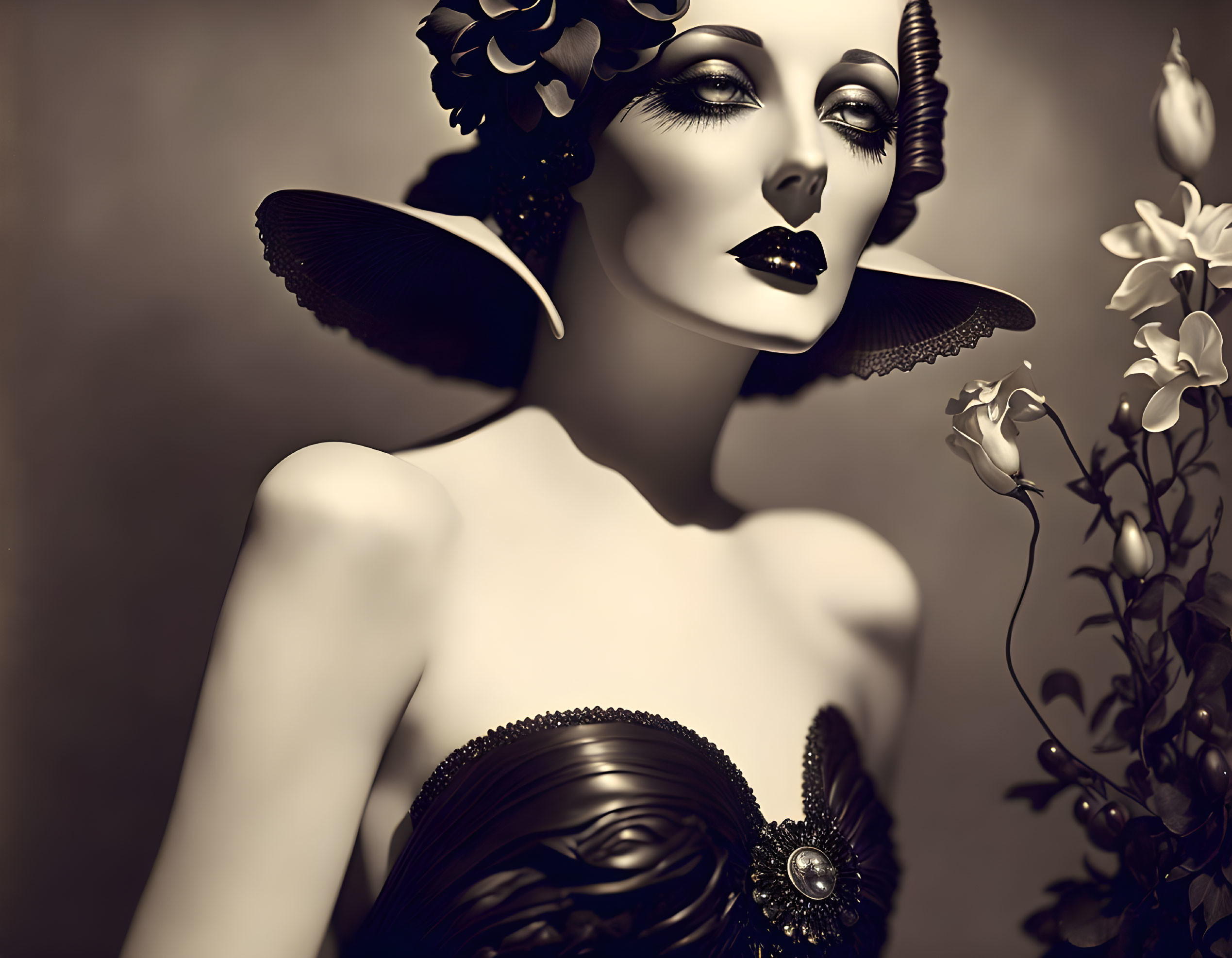 Monochromatic portrait of woman with dramatic makeup and floral accessories