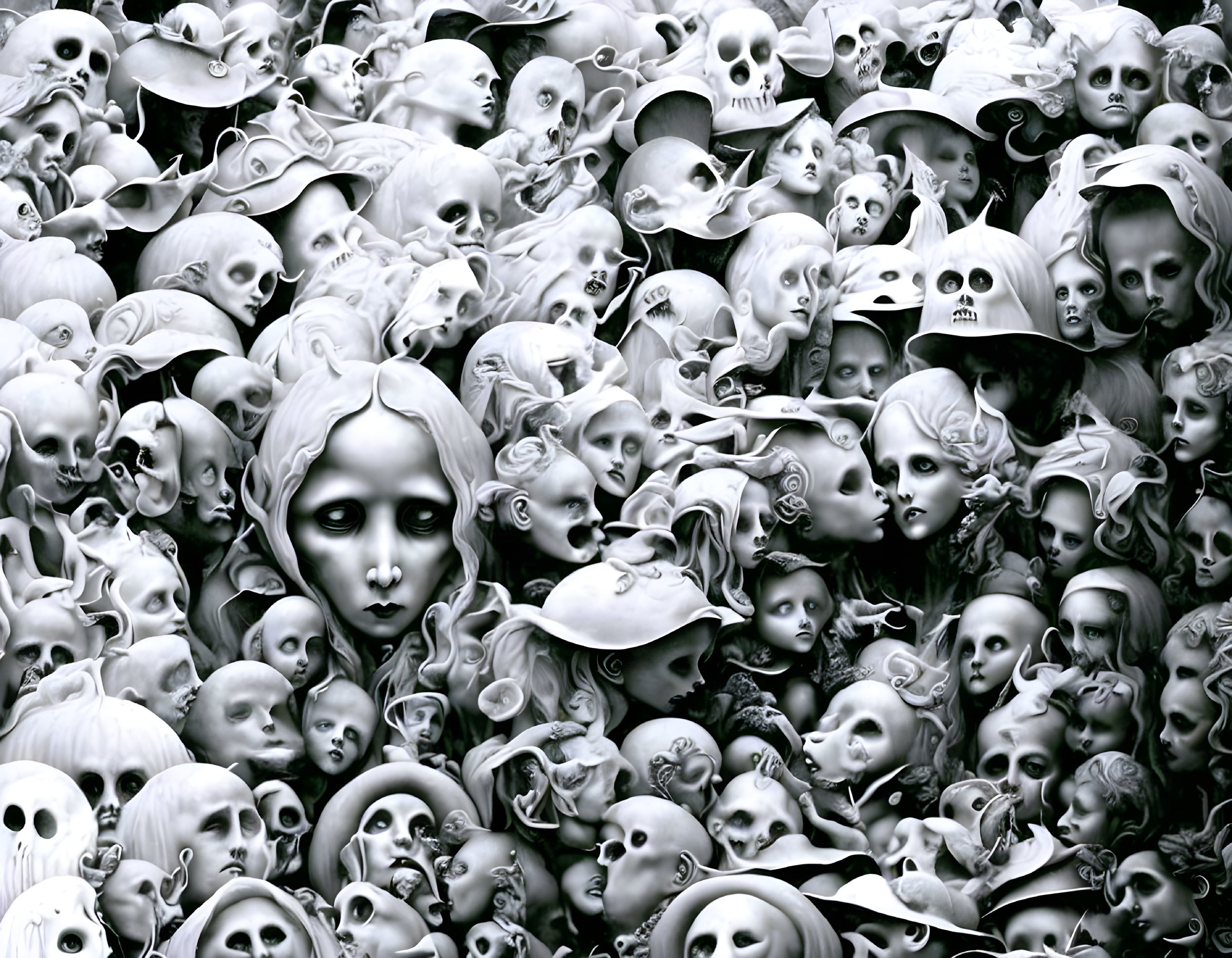 Surreal monochrome collage of blended human, skull, and ghostly faces