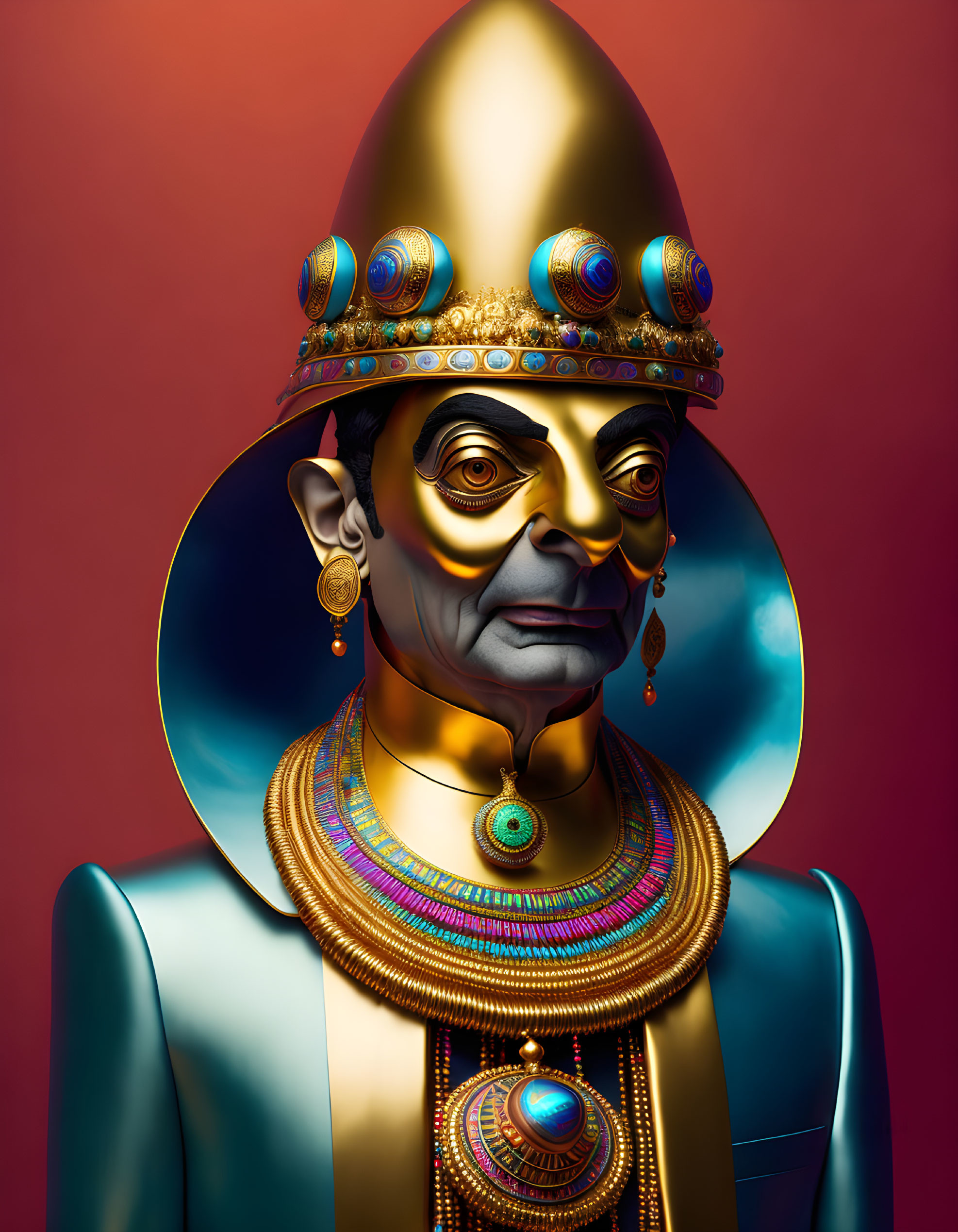 Colorful digital artwork: Figure with golden headdress and earrings on red background