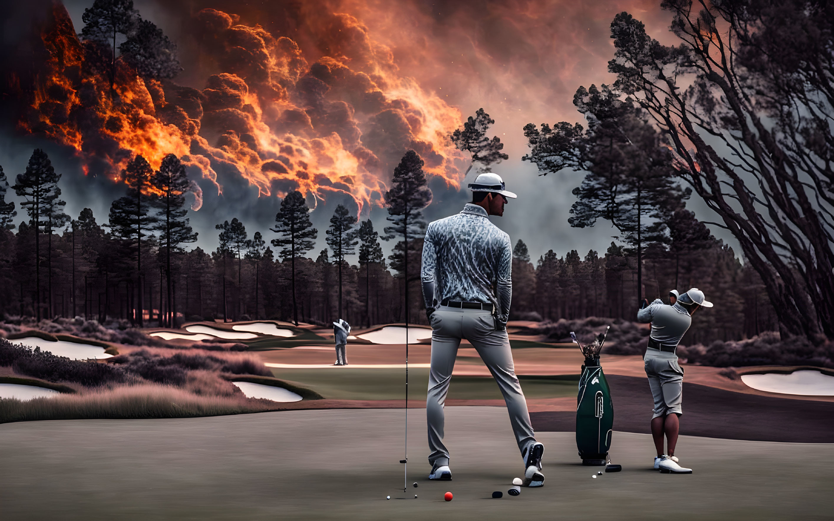 Golfers on course under fiery sky backdrop