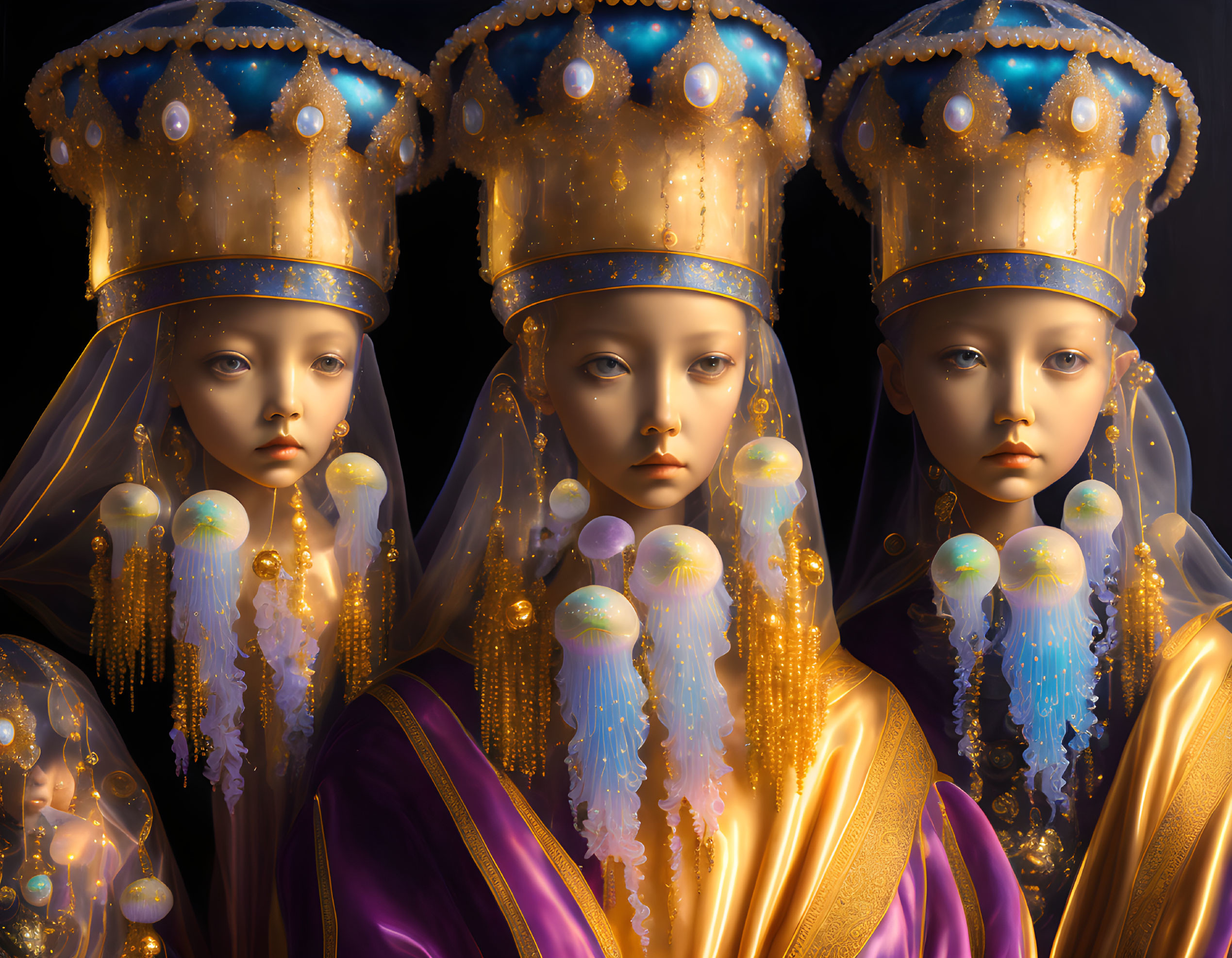 Regal figures with golden crowns and veils on dark background