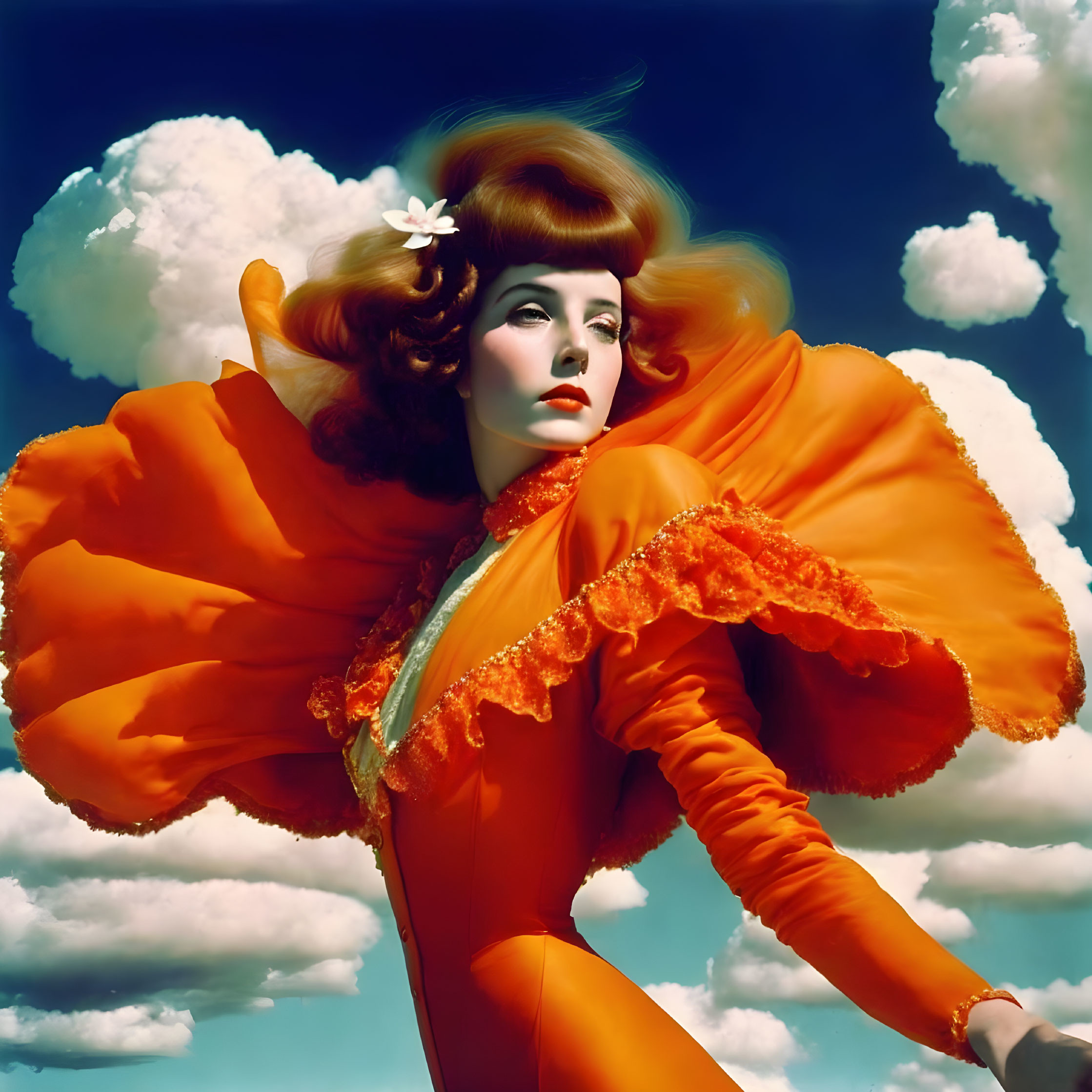 Vibrant orange outfit with voluminous sleeves against blue sky and fluffy clouds