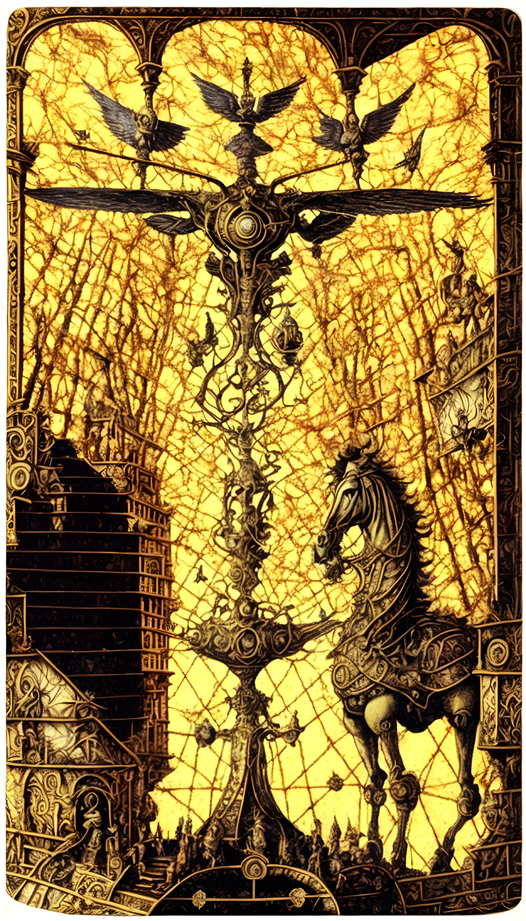 Golden tarot card with carousel horse, ornate patterns, leafless tree, bird, lamp.