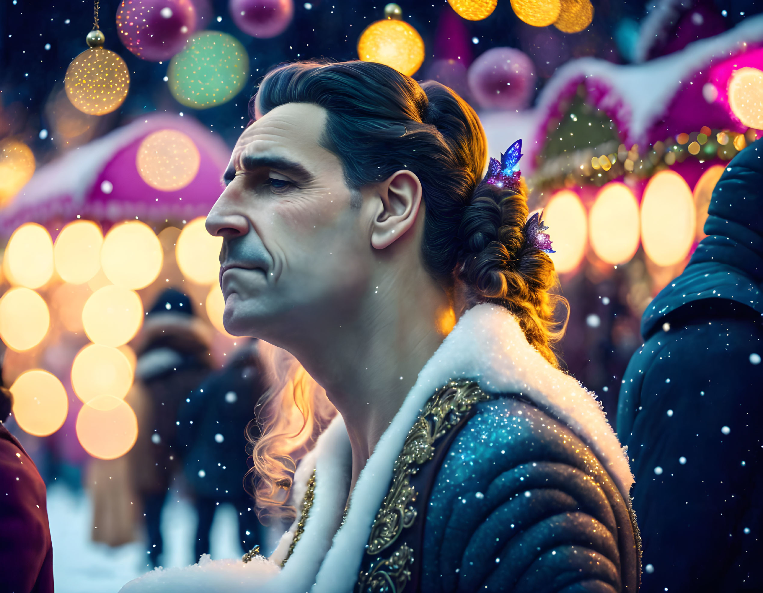 Stylized male figure in decorative costume with snowflakes on festive background.