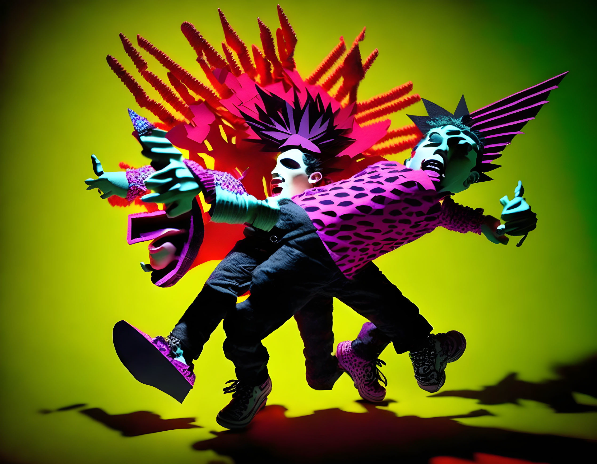 Colorful surreal artwork: two figures with punk hairstyles under neon lights.