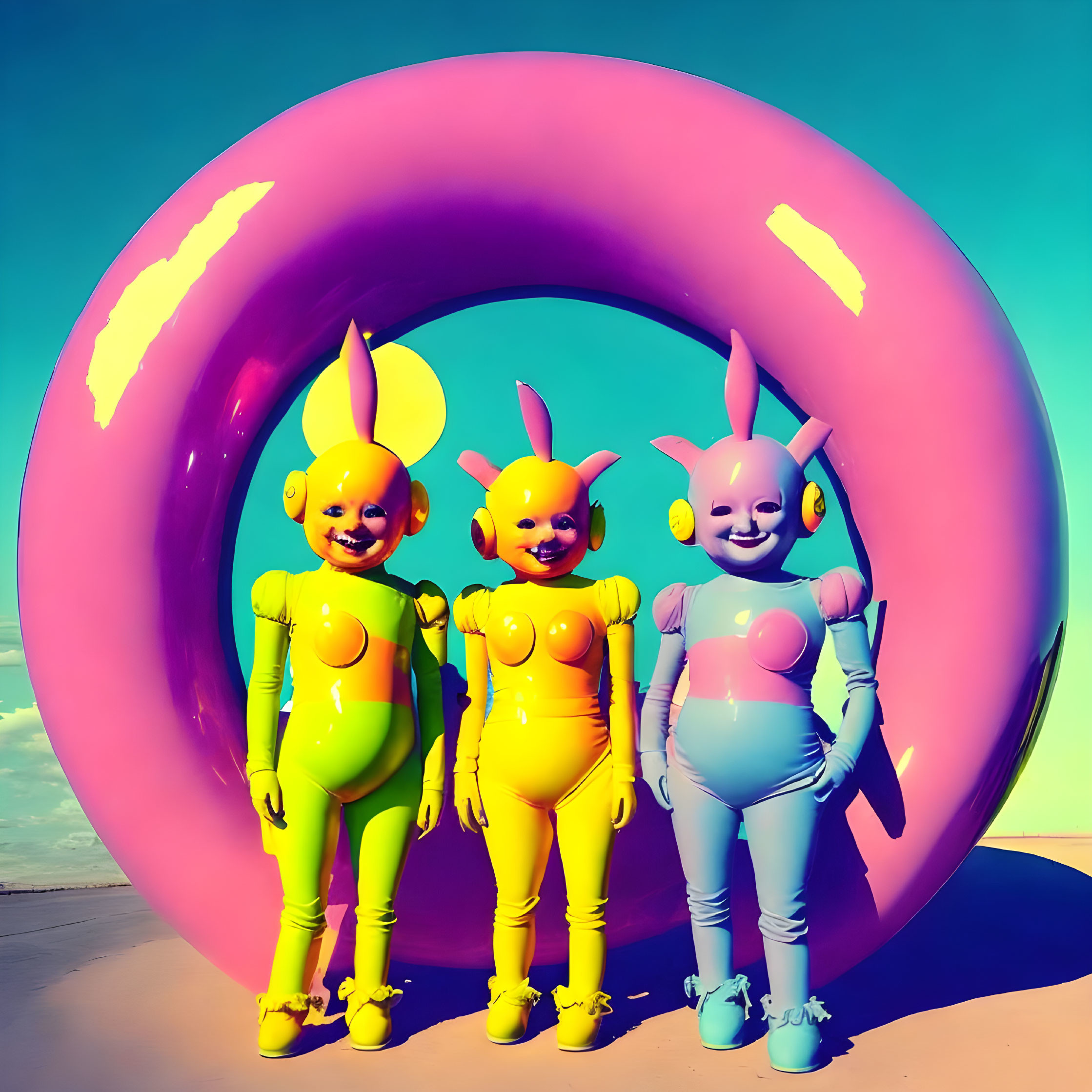 Colorful Rabbit Costumes with Pink Donut and Blue Sky