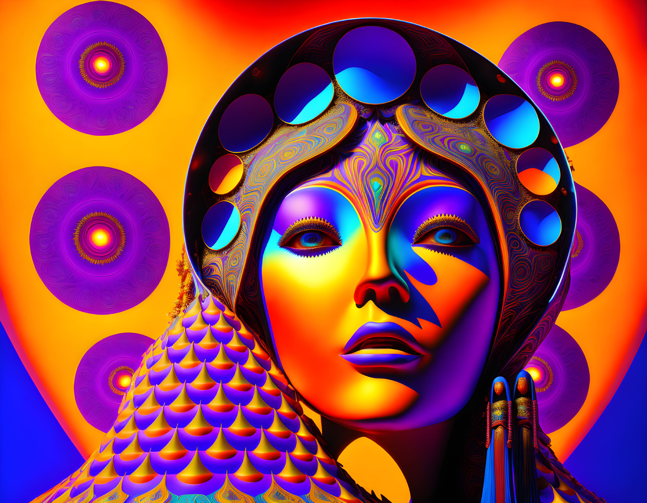 Stylized female figure with intricate patterns on headdress against blue and orange mandala background