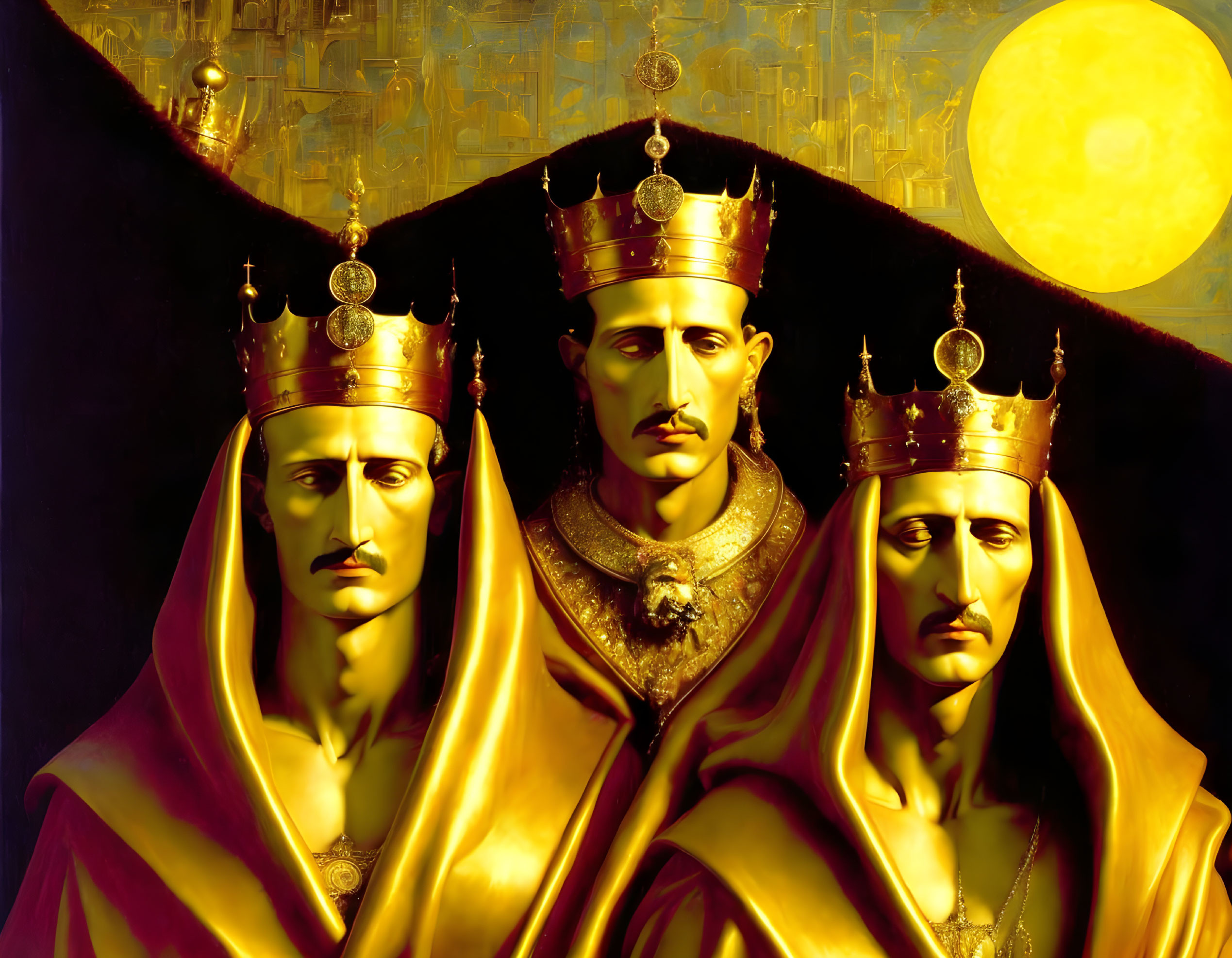 Three identical kings in golden cloaks under a moon with a stylized cityscape.